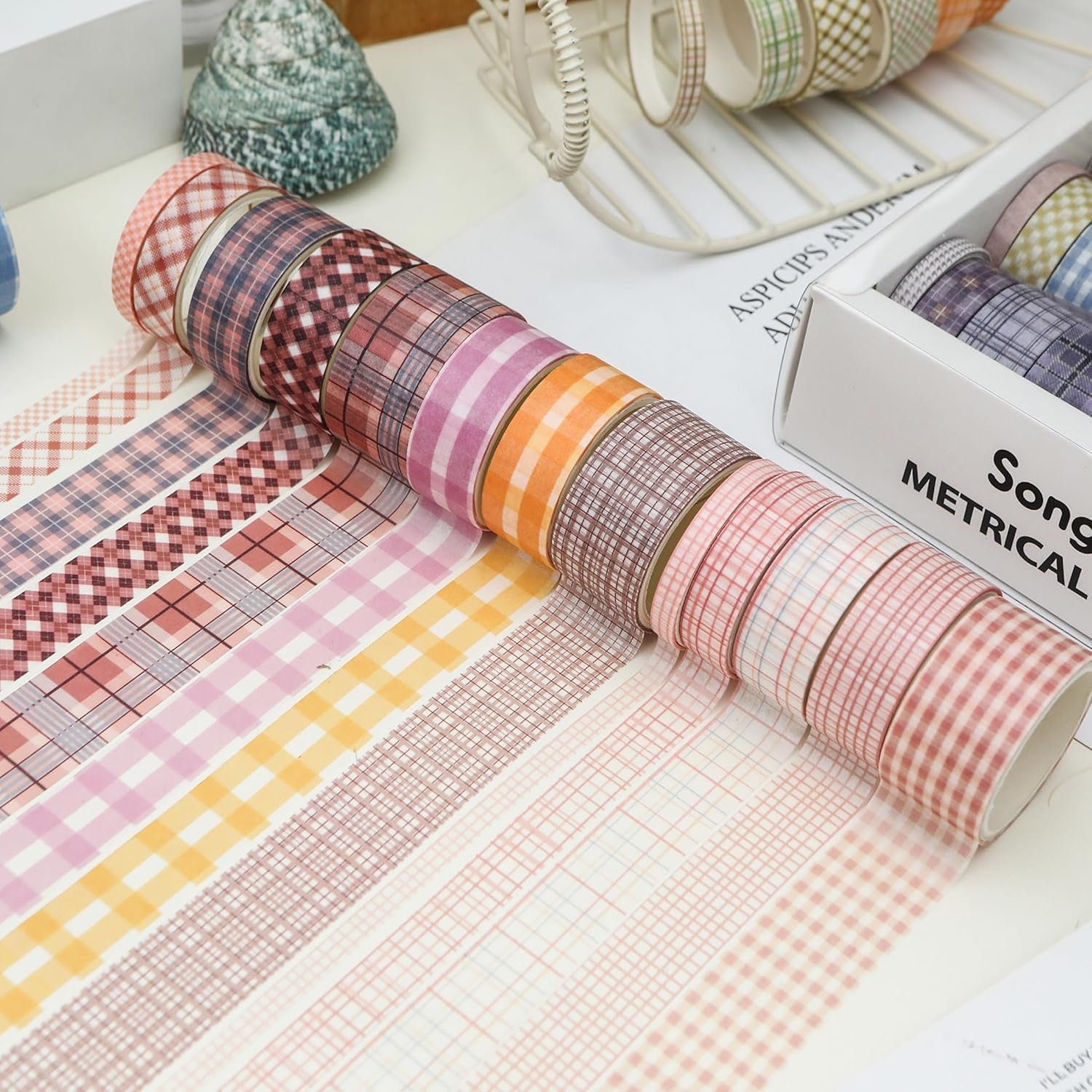 36 Rolls Grid Washi Tape Pack Plaid Arts Adhesive Tapes Basic Patterns Decorative Masking Tape Set for Craft, Kids, Scrapbook, DIY, Gift Wrapping (1-Pink & Orange) image number 2