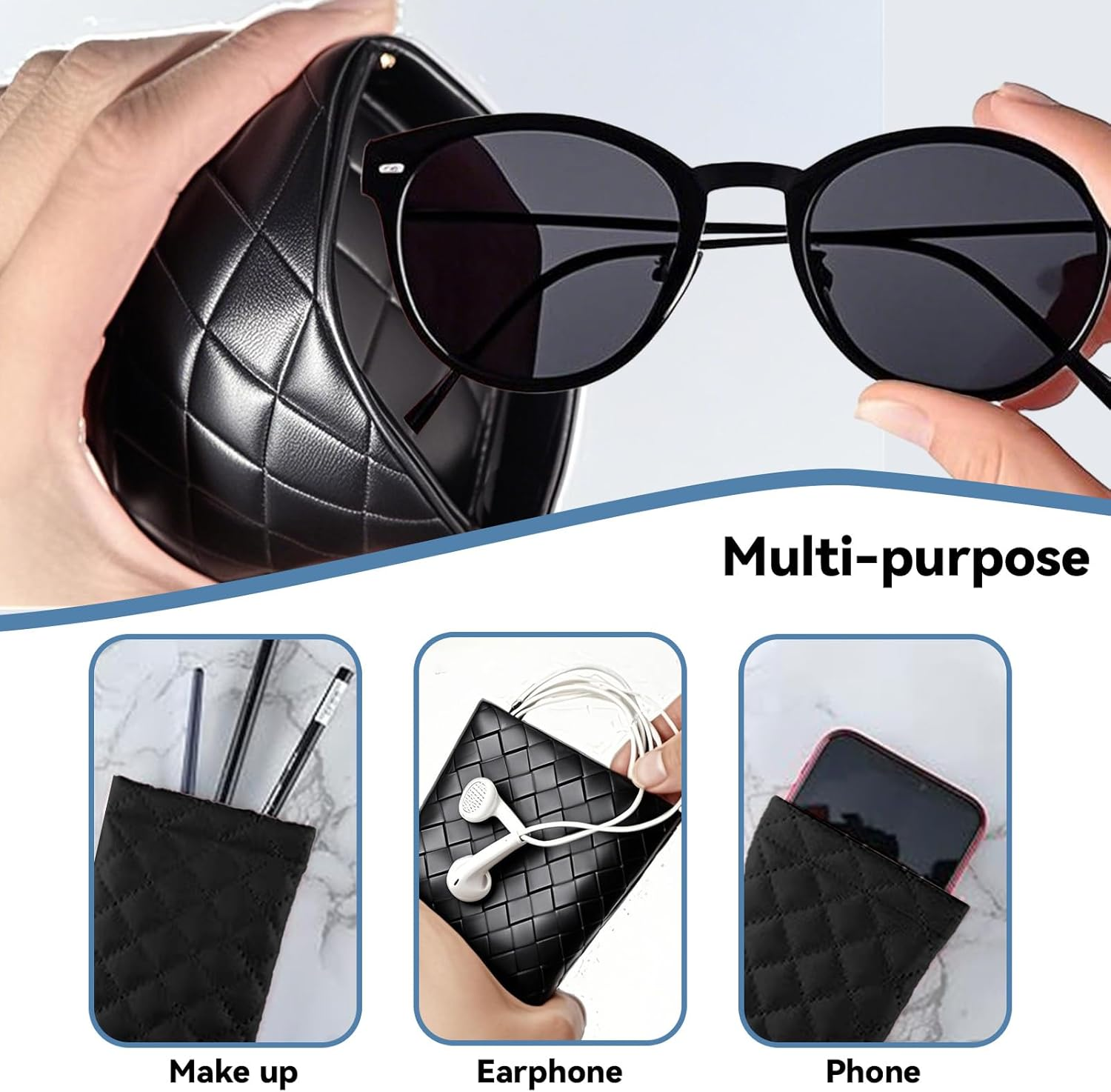 2 Pack Soft Leather Squeeze Top Sunglass Case &ndash; Lightweight Eyeglass Pouch with Anti-Scratch Lining & Microfiber Cleaning Cloths, Portable Glasses Storage for Women & Men image number 4