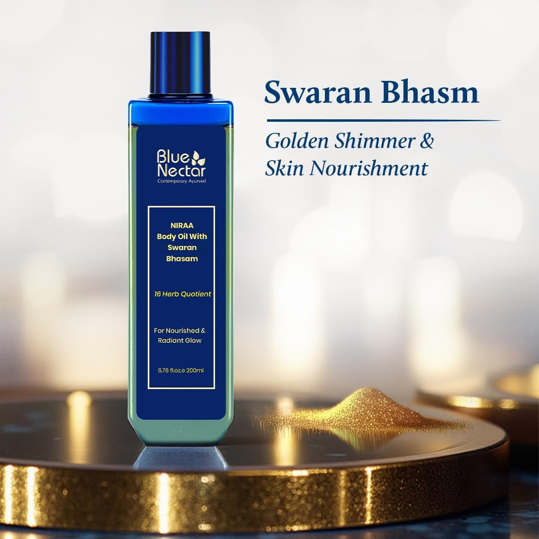Blue Nectar Body Oil with 24K Swaran Bhasam for Glowing Skin | Ayurvedic Body Oil for Dry Skin | Nourishing Oil with 24K Gold & Shimmer (16 Herbs, 200Ml) image number 4
