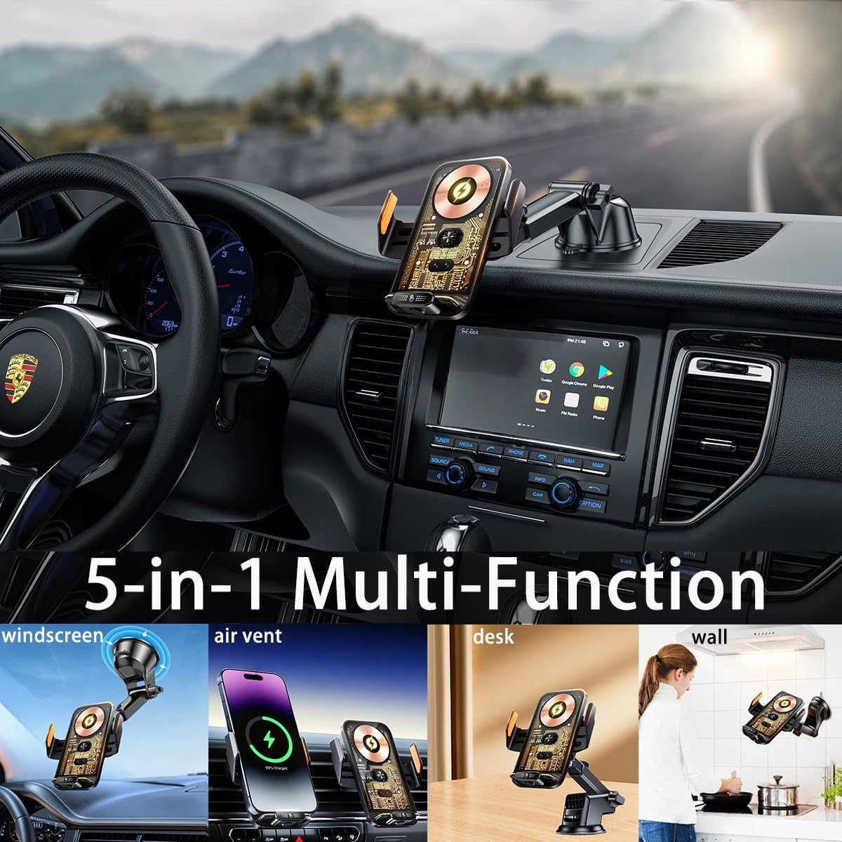Cadozeal Car Phone Holder| 66W Fast Charging| 2025 Newest 5-In-1| One-Hand Touch Auto Lock, 360&deg; Rotation Super Stable, Premium Alloy Car Mount, Universal Fit for Iphone Android and All Smartphones image number 2