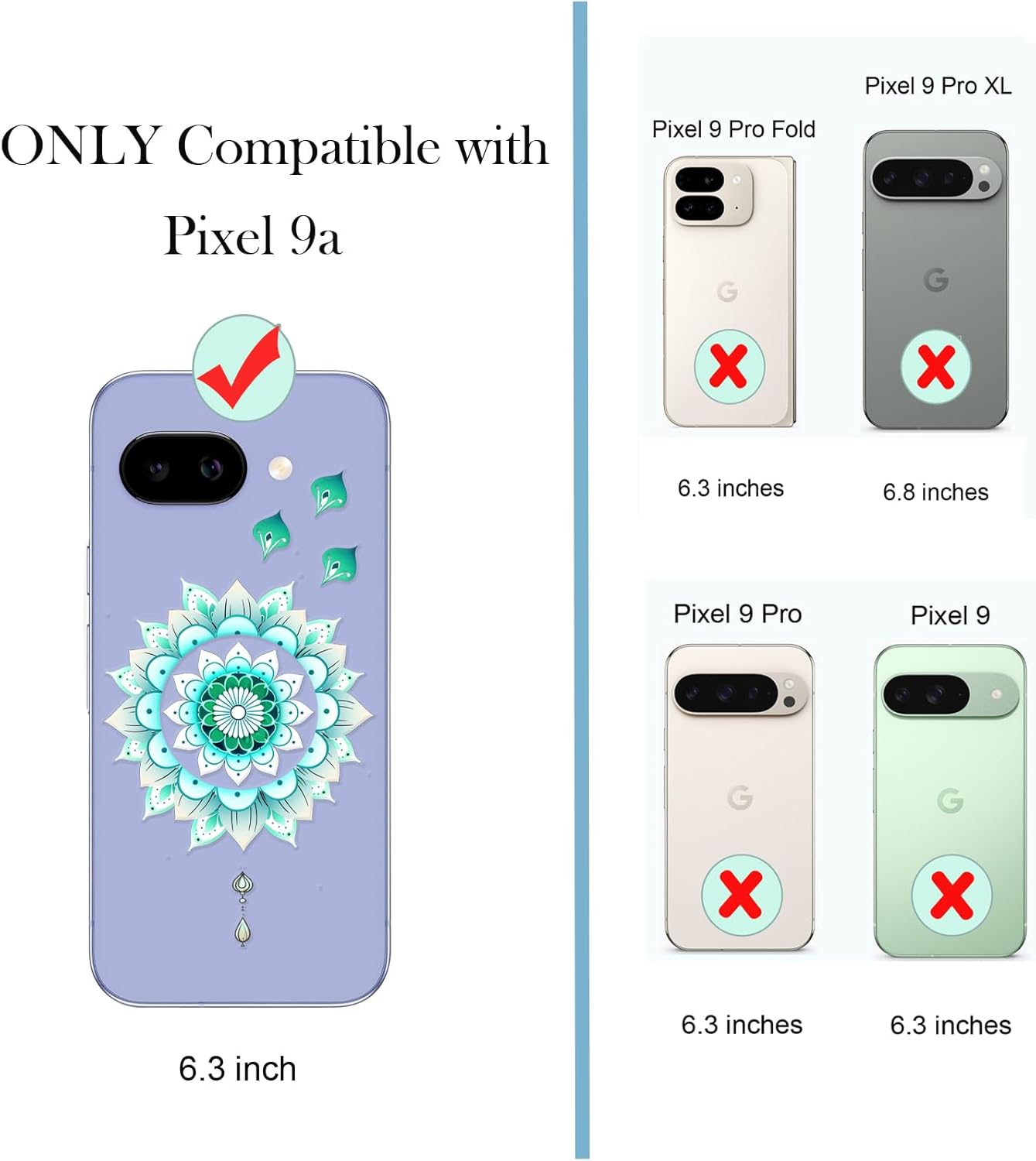 Unov Case Compatible with Pixel 9A Case Clear with Design Soft TPU Shock Absorption Slim Embossed Pattern Protective Back Cover (Mint Mandala) image number 1