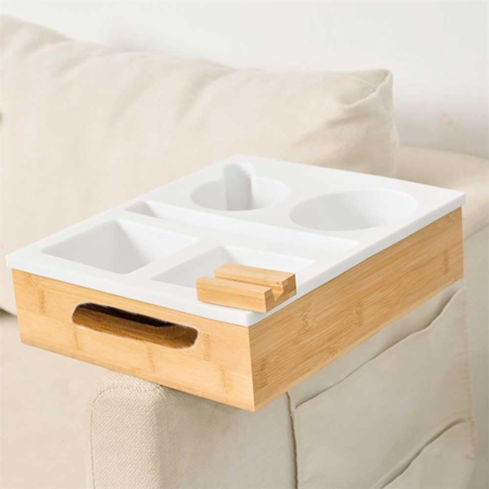 Couch Cup Holder Tray,Bamboo Couch Cup Holder with Soft Silicone, Sofa Storage Tray with Removable Phone Stand,Waterproof Anti-Spill Sofa Cup Holder,Sofa Cup Holder Suitable for Snacks, Drinks. image number 5