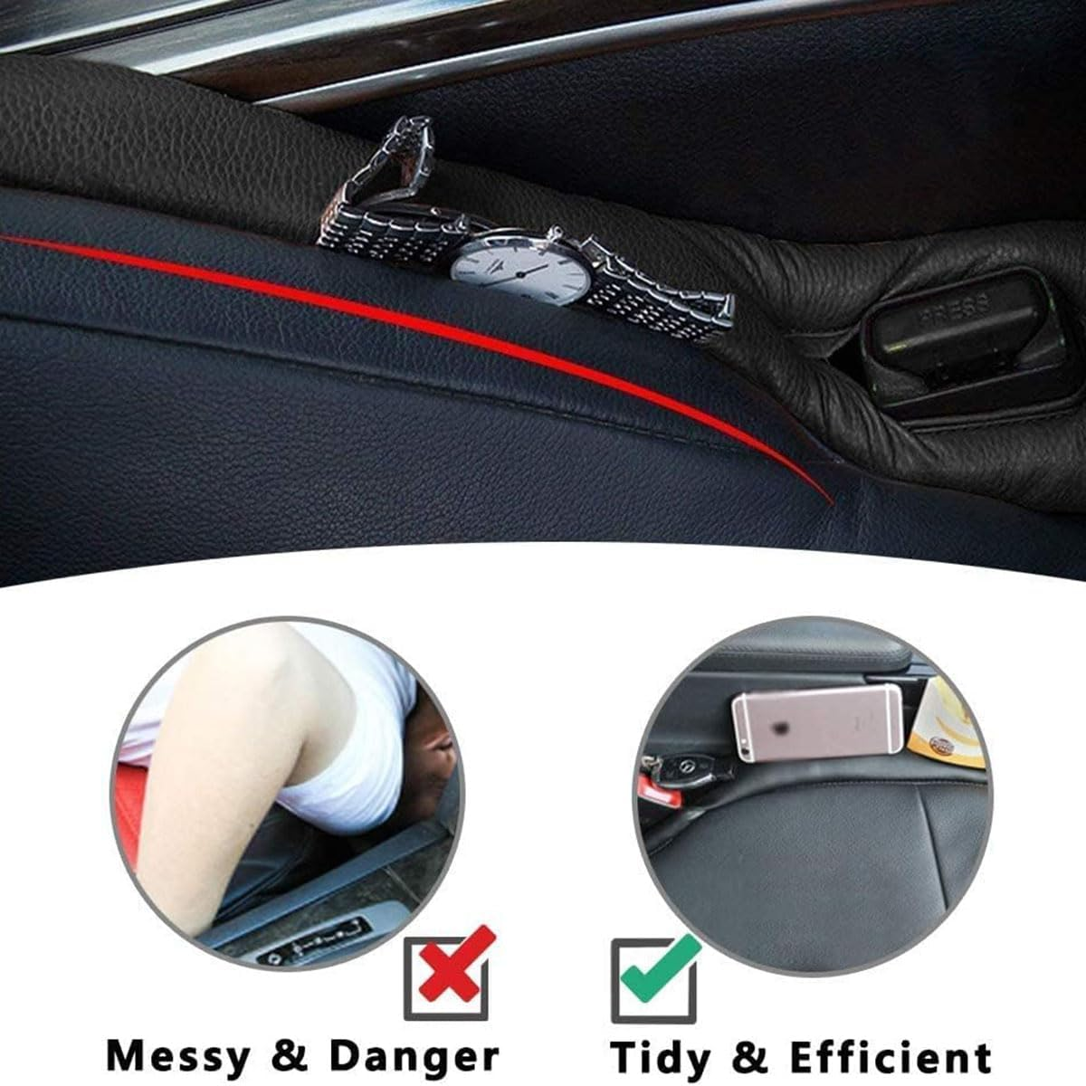Car Seat Gap Filler, Two Piece Leather General Motors Gap Plug,Flexible Gap Filler between Car Seat and Console,Used to Prevent Things from Falling Off(Black) image number 1
