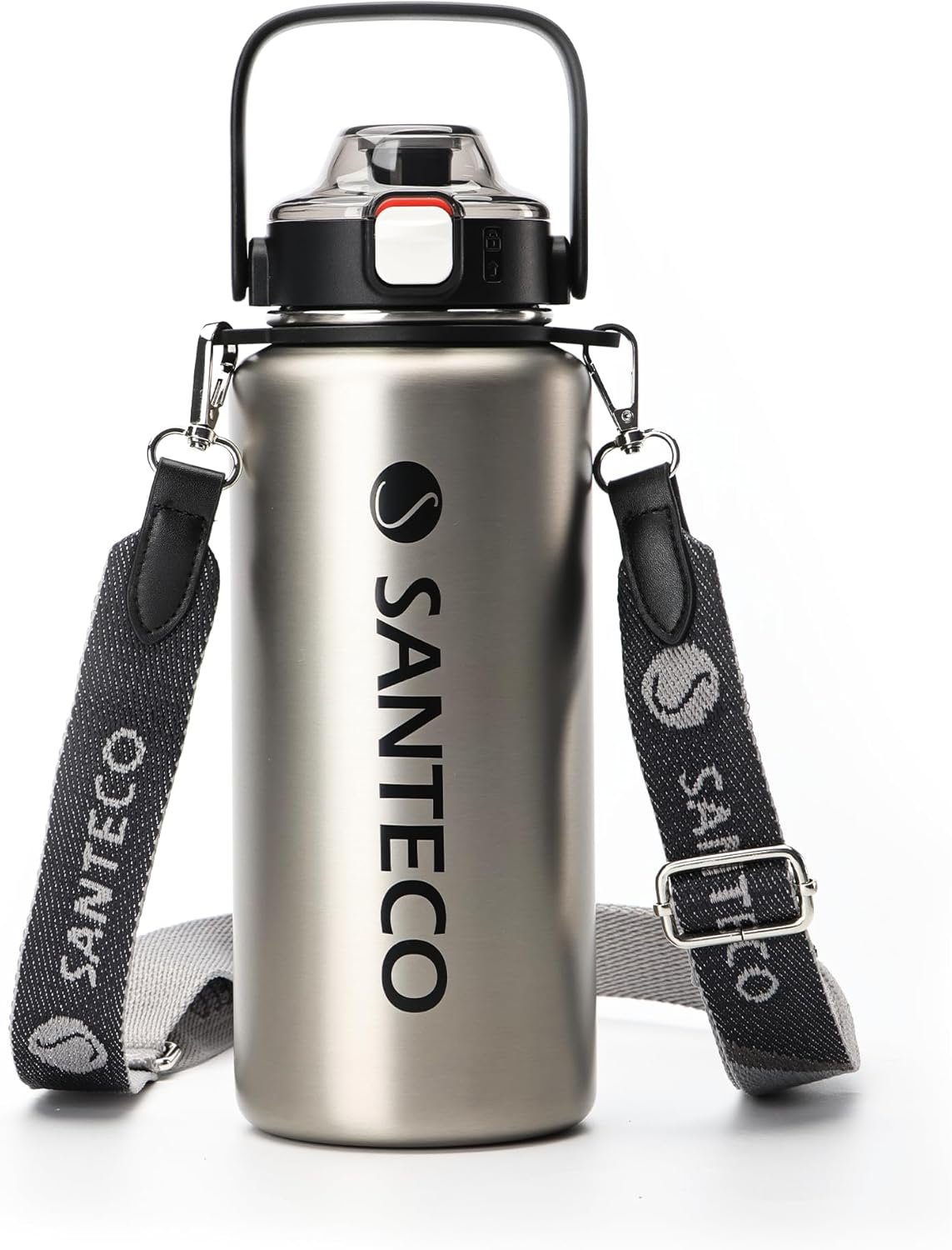 SANTECO 1.2L Vacuum Insulated Sports Water Bottle &ndash; Detachable Shoulder Strap, Leakproof, Keeps Hot 12H/Cold 24H, Wide Mouth with Straw (Silver, Stylish Design for Sports Drinks)