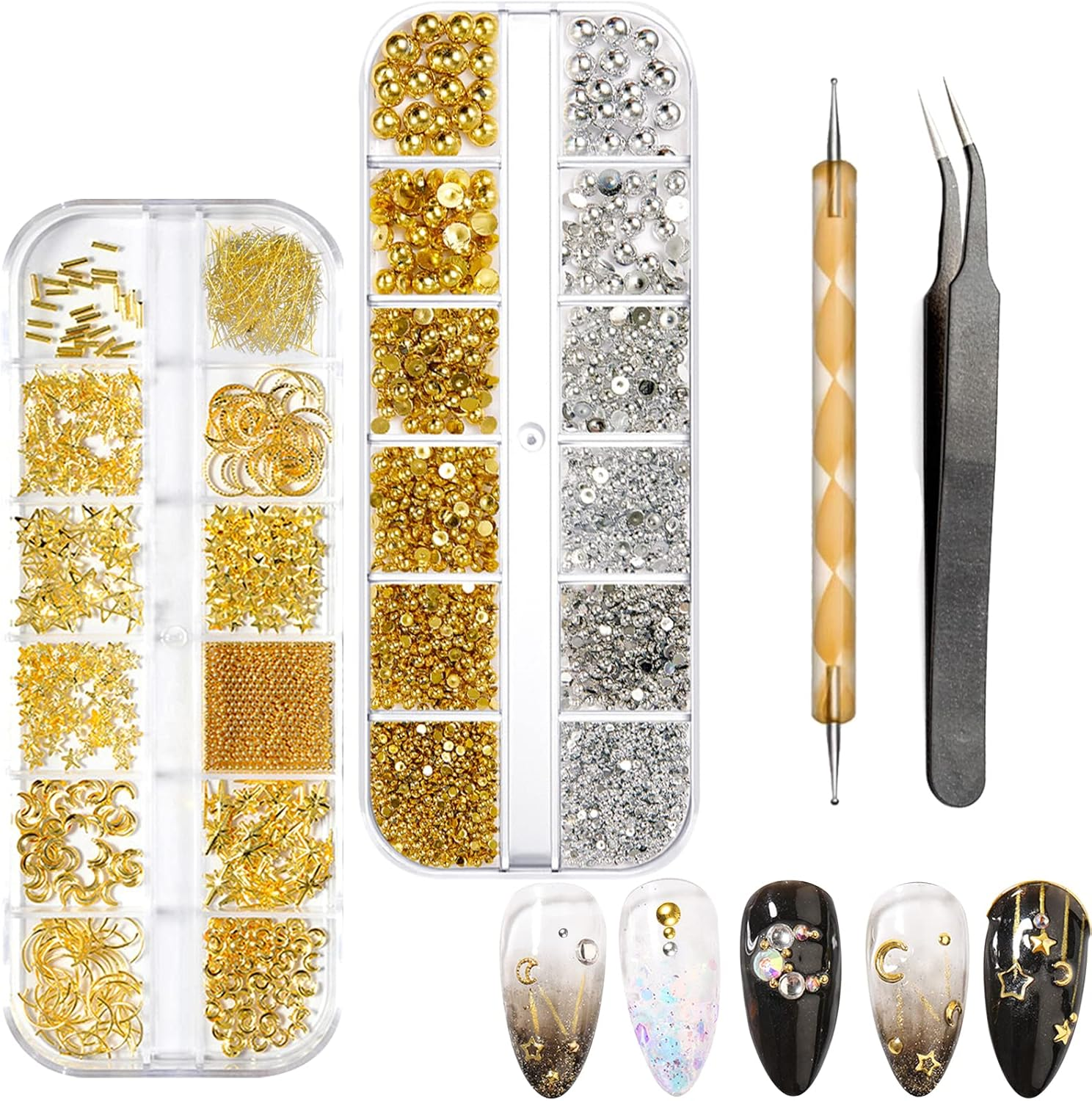 BDSHUNBF 1400 Piece Nail Art Rhinestones Set, Gold Glitter Stones Nail Art, Crystal Nail Stones Set, Stars Moon Nail Art Charms, for Nails DIY, with Tweezers and Drill Pen image number 2
