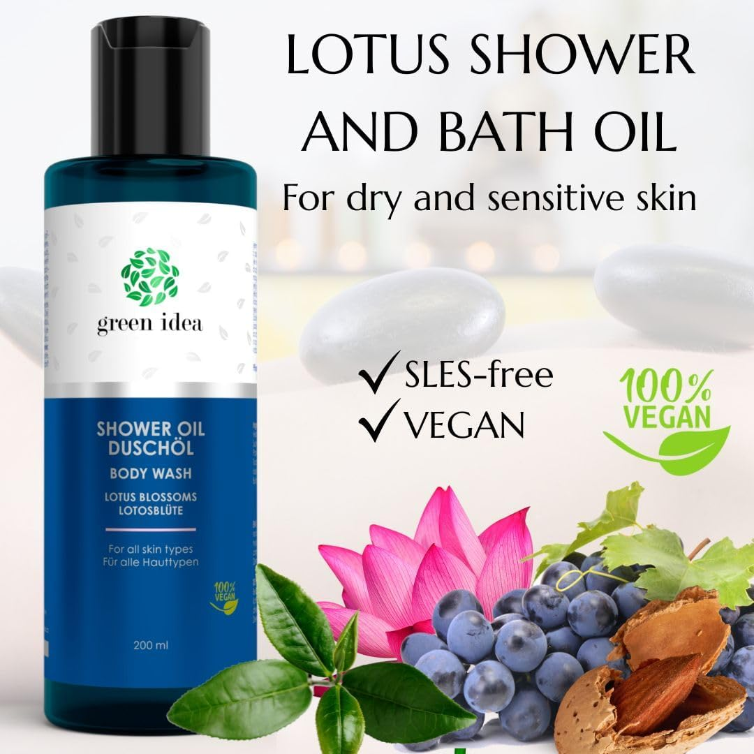 Green Idea - Shower Oil Lotus Flower | No Soap | Vegan | SLES Free | Gentle, for Sensitive Skin | Nourishing Grape Seed Oil | No Drying Out Sweetener | Free from Preservatives 200 Ml image number 2