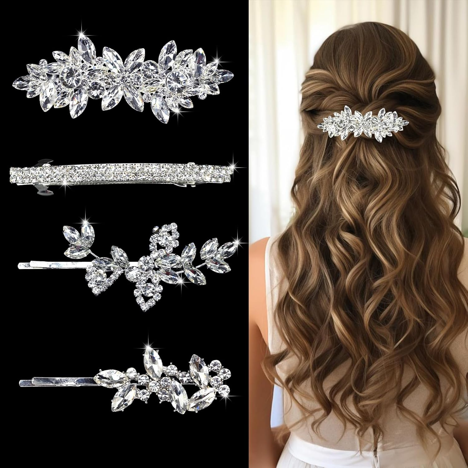 4 Pieces Rhinestone Hair Clips Leaf Wedding Hair Pins Crystal Bobby Pins Silver Bridal Hairpin Barrette for Brides Bridesmaids Flower Girls image number 4