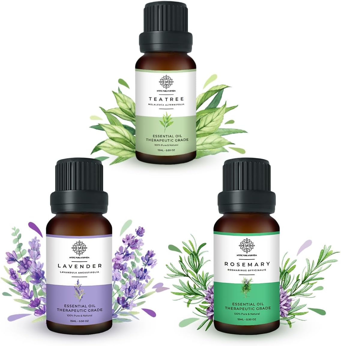 Mystic Pure Ayurveda 100% Pure Rosemary Oil, Lavender Oil, Tea Tree Oil Combo for Acne and Hair Regrowth 15Ml (Set of 3) image number 1