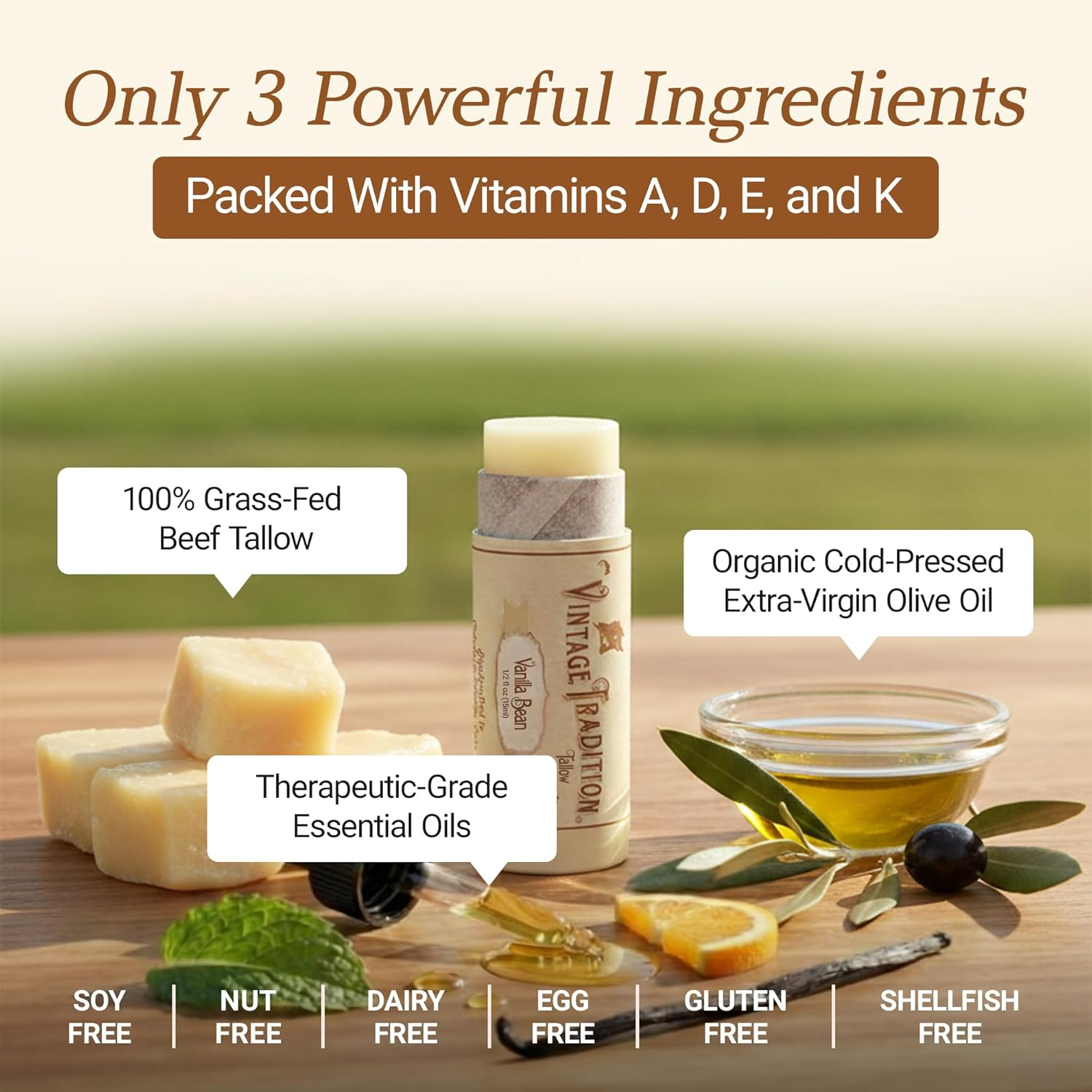 Moisturizing Beef Tallow Lip Balm &ndash; Tube Lip Moisturizer with Vanilla Extract Hydrates & Soothes Dry Lips &ndash; Grass-Fed Tallow Balm for Skin Care by Vintage Tradition, 0.5 Fl. Oz. image number 5