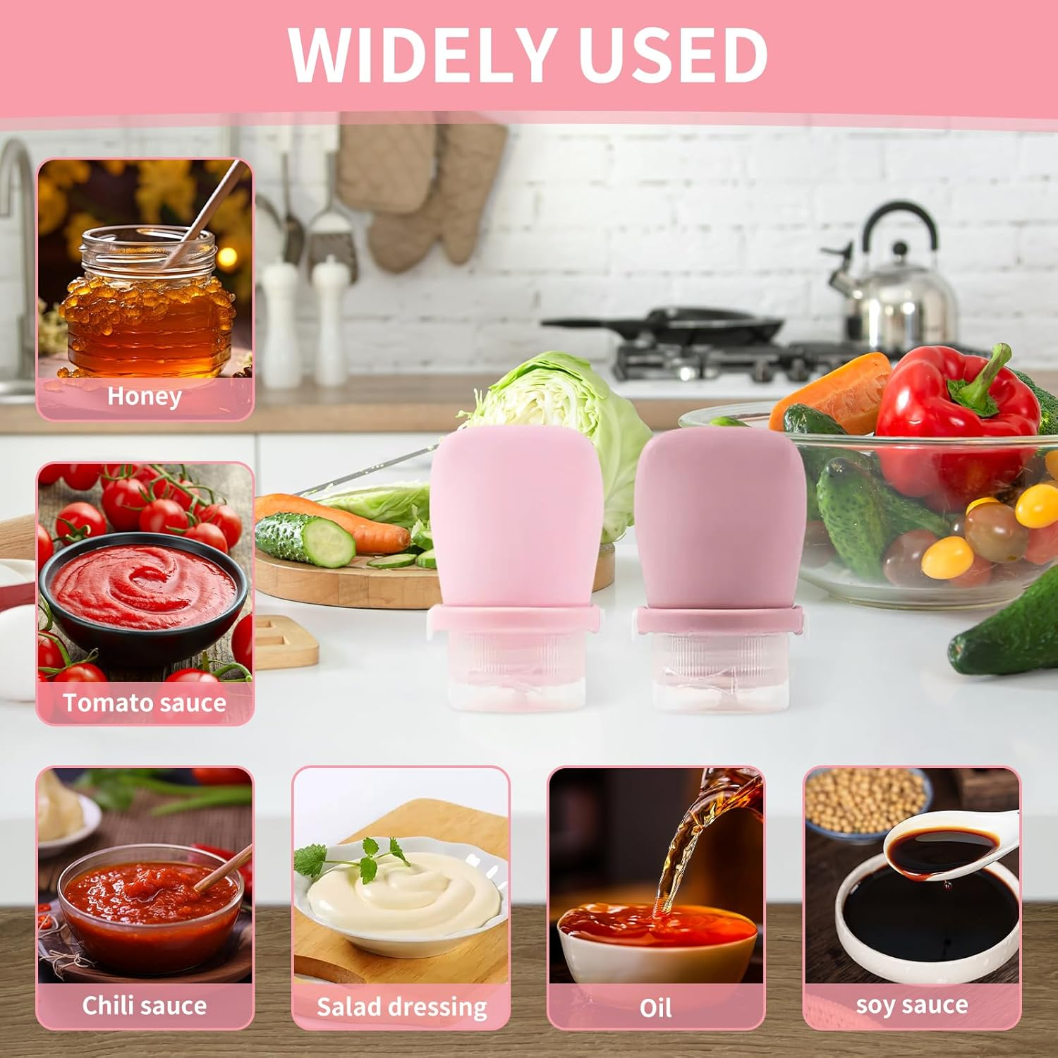 Starfa Lab 4 Pack 1Oz Silicone Travel Bottles Leak Proof Squeeze Bottles for Toiletries Shampoo Conditioner Lotion Salad Dressing Travel Size Containers, Light Pink, Dark Pink, Green, White image number 2