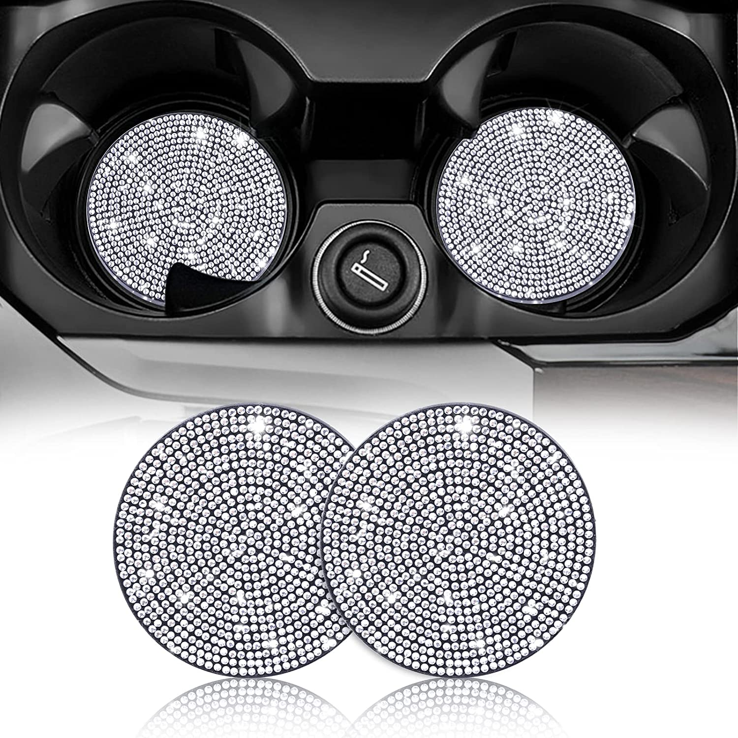 SAVITA 2Pcs 7Cm/ 2.75Inch Bling Car Coasters, Cup Holder Coasters Glitter Car Coaster Cup Mats Crystal Accessories for Ladies and Girls image number 2