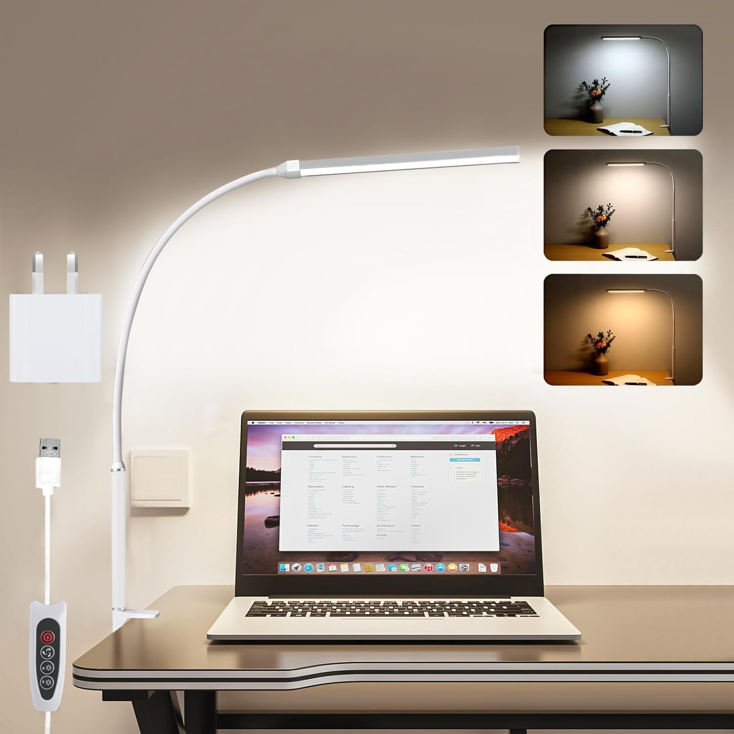 YOUYICI LED Desk Lamp with Clamp, Eye-Caring Clip Lights for Home Office, 3 Colors Stepless Dimming, Flexible Gooseneck Table Lamp with USB Adapter for Reading Working Workbench Drawing Gaming (Black)