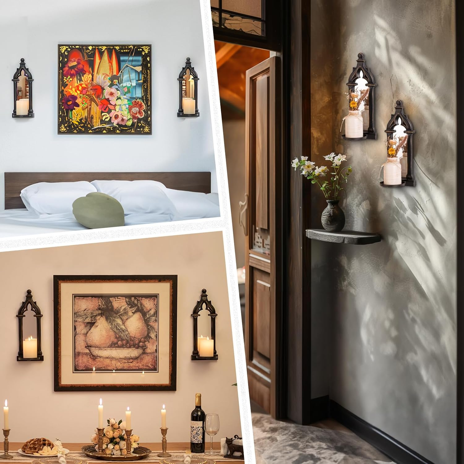 Walasis Candle Sconces Black Wall Decor - Gothic Mirror Wall Candle Holder - Wood Farmhouse Candles Sconce Set of 2