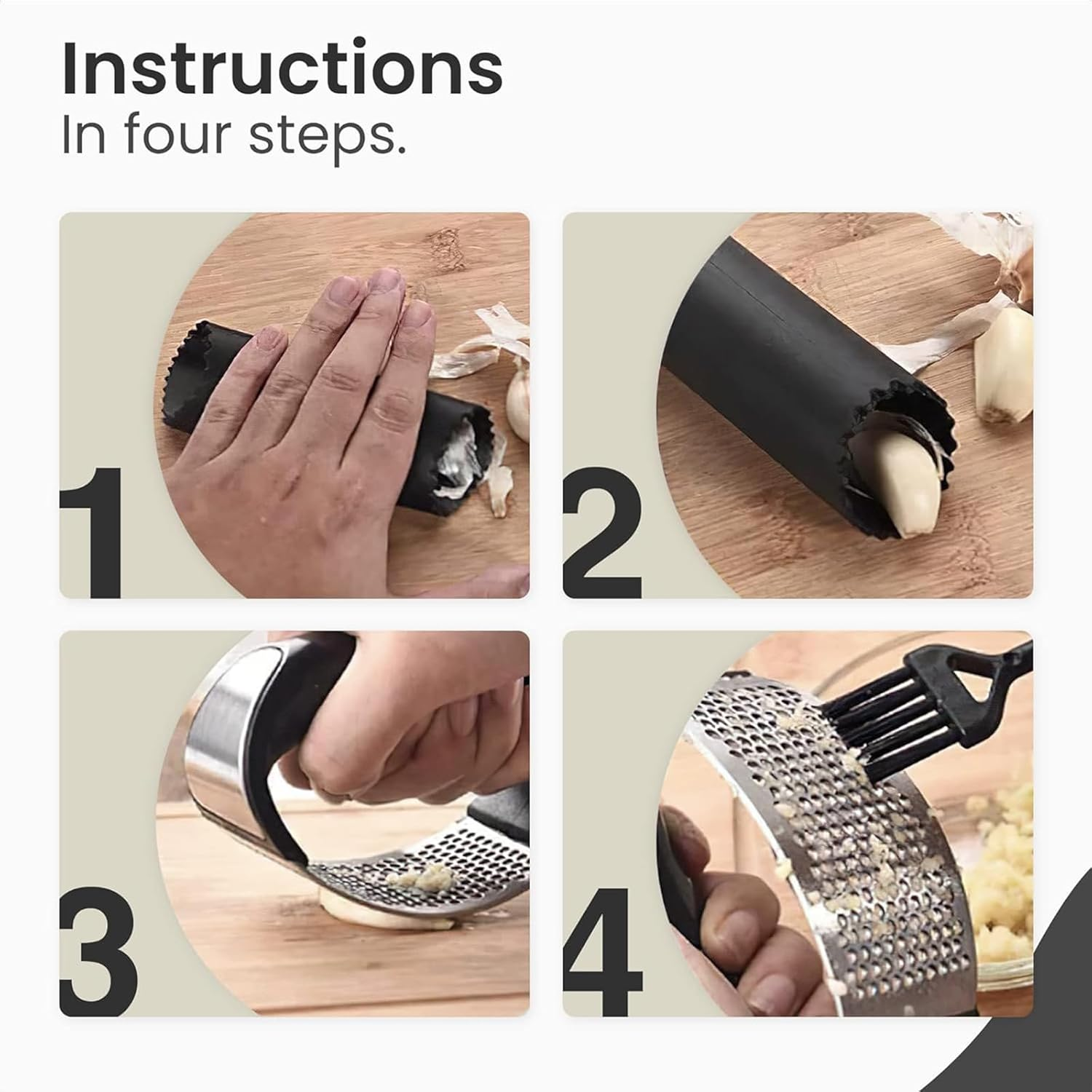 Garlic Press Rocker，Silicone Garlic Peeler，Stainless Steel Garlic Mincer Crusher - with Ergonomic Handle Silicone Tube Peeler and Cleaning Brush Tool