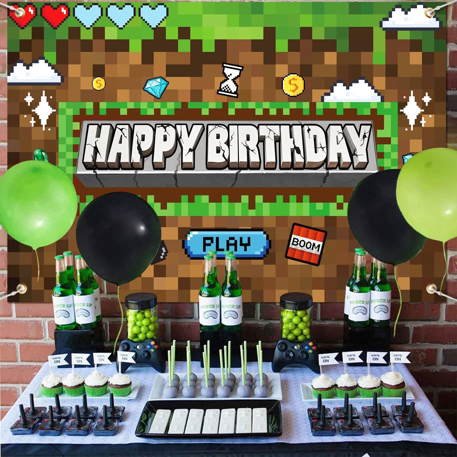 Pixel Birthday Party Decorations Pixel Video Game Banner for Miner Birthday Party Backdrop Photo Background Wall Decor Mining Party Supplies image number 4
