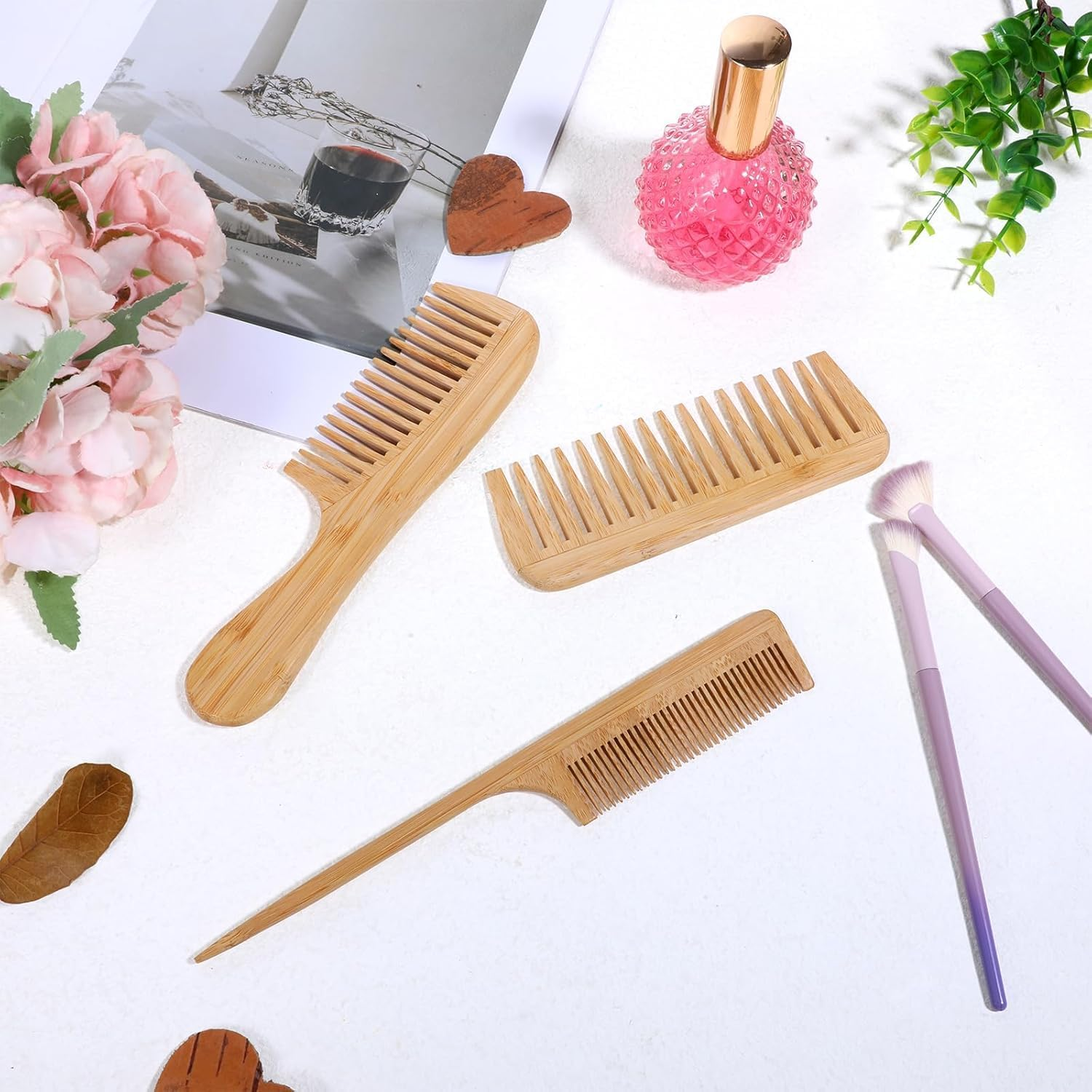 3Pcs Bamboo Combs Natural Wooden Comb Set, Natural Handmade Bamboo Anti-Static Comb Set,Natural Bamboo Comb Set Rat Tail Combs image number 5