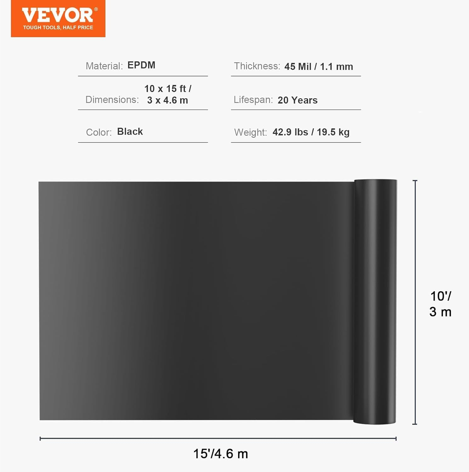 VEVOR 10 X 15 Ft Pond Liner, 45 Mil Thickness, Pliable & Durable EPDM Material, Easy Cutting Underlayment for Fish or Koi,Waterfall, Fountains, Water Gardens, Black image number 1