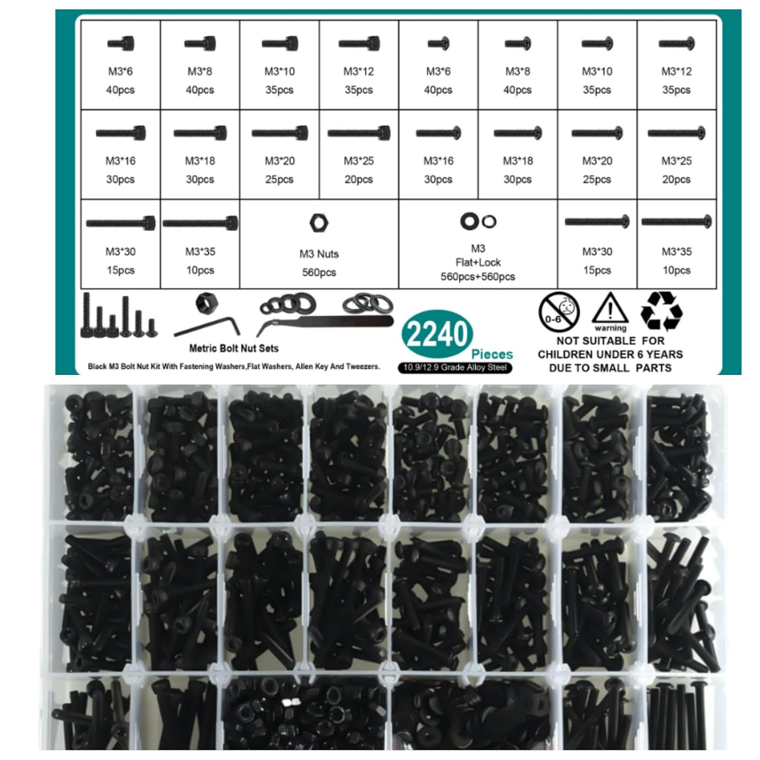2240PCS Metric Screw Assortment, M3 Machine Screws with Lock & Flat Washers, Grade 10.9 &12.9 Alloy Steel Hex Socket Button Head Black Screws Nuts and Bolts Kit (2240Pcs M3)