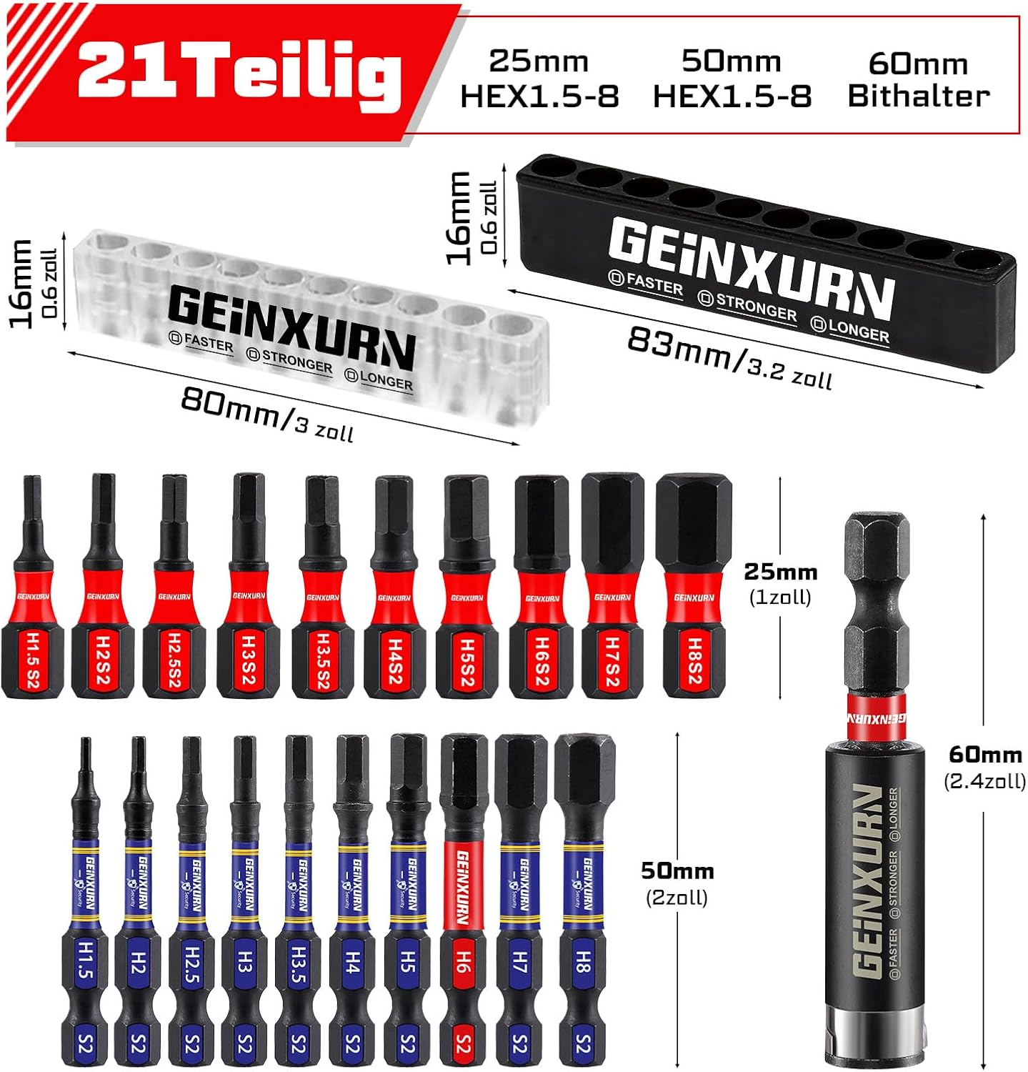 Geinxurn Impact Resistant Screwdriver Bit Set, Hexagonal Bit Set, 20 Pieces Hex (1.5-8 Mm) 25 Mm 50 Mm 1/4 Inch Hex Shank S2 Alloy Steel Screwdriver Bits with 1 Piece 60 Mm Magnetic Bit Holder image number 1