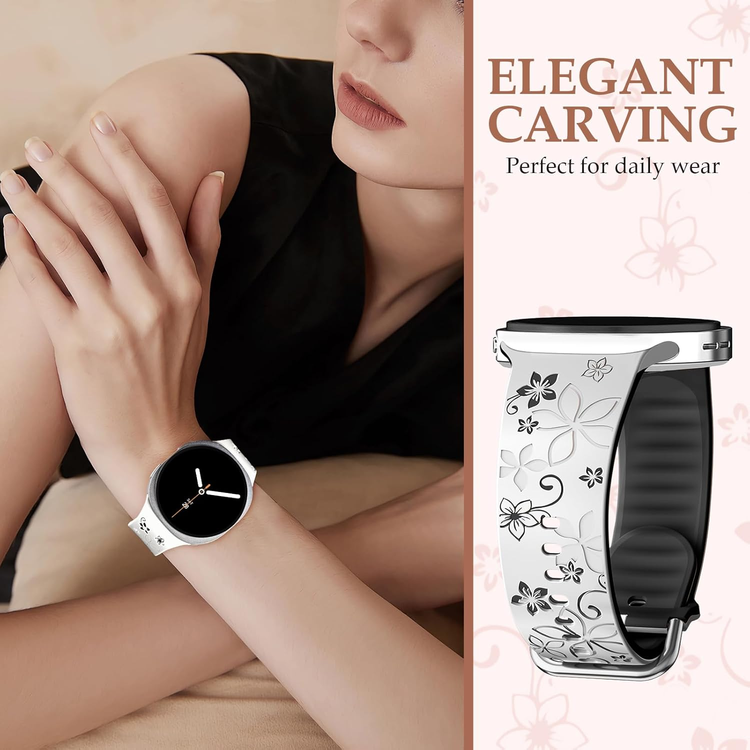 Flower Engraved Strap for Samsung Galaxy Watch 8 40Mm 44Mm/Galaxy Watch 8 Classic 46Mm Band Women,No Gap Soft Cute Floral Silicone Two-Tone Wristband - 01-Black Pink image number 2