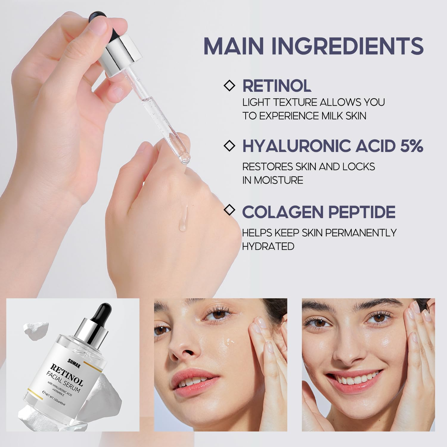 Retinol Serum with Hyaluronic Acid & Vitamin E | Anti-Aging Face Serum for Firming, Smoothing & Deep Moisturizing | 1.5 Fl Oz/45Ml image number 5