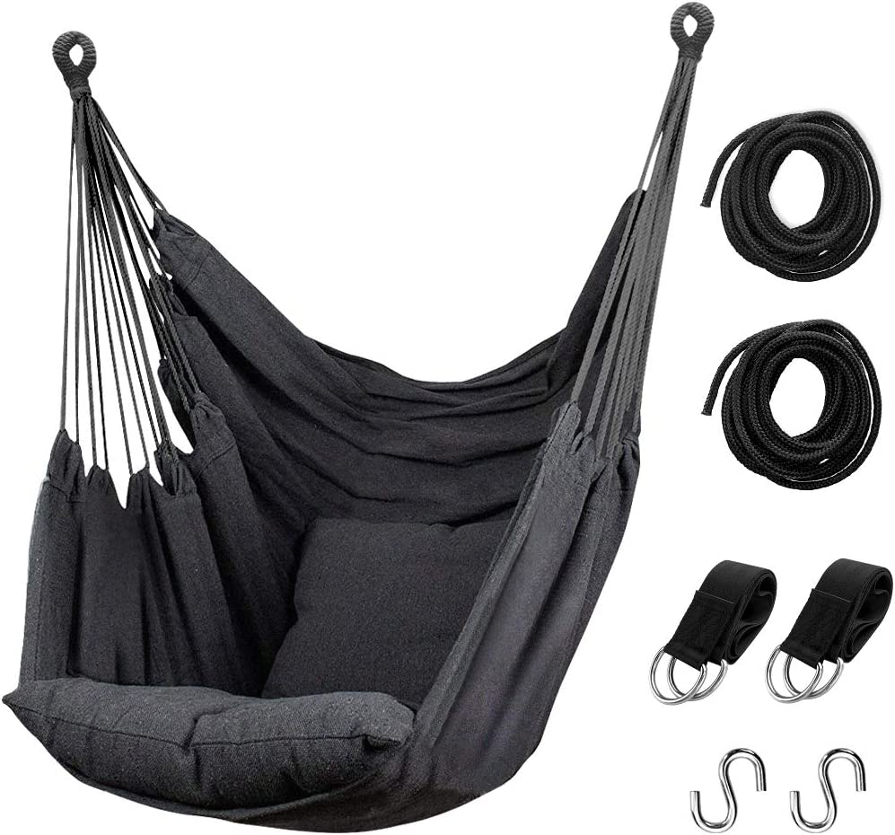 Hommtina Hammock Chair Hanging Rope Swing, Max 300 Lbs Hanging Chair with Pocket & Durability Perfect for Outdoor, Home, Bedroom, Patio, Yard (Pillows NOT Included,Beige) - Beige image number 5