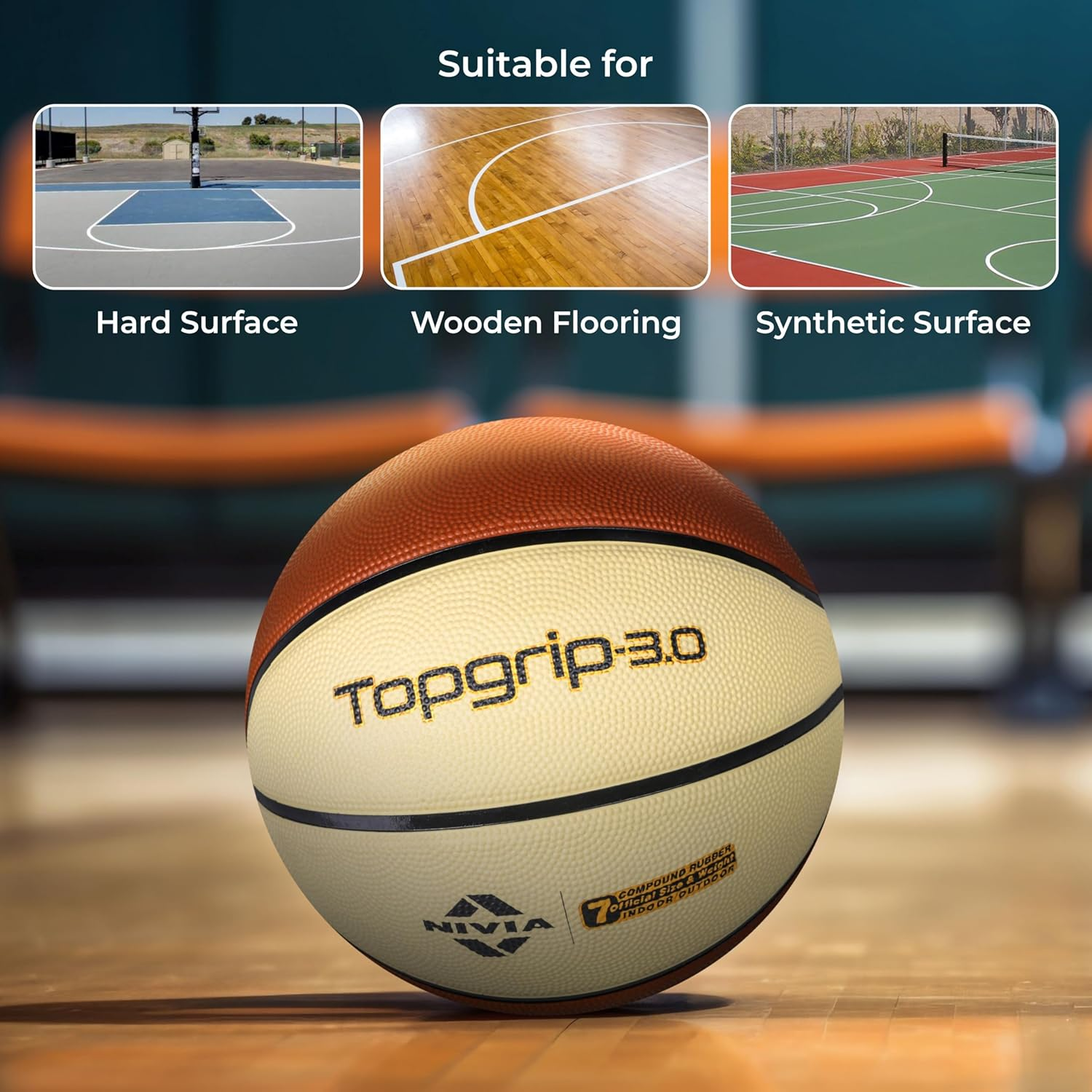 Nivia Top Grip Basketball | Color: Brown | Size: 5 | Rubberized Moulded | for Adults | Panels 8 | Machine Stitched | Suitable for Hard Surface, Wooden Flooring, Indoor Synthetic Surface image number 4