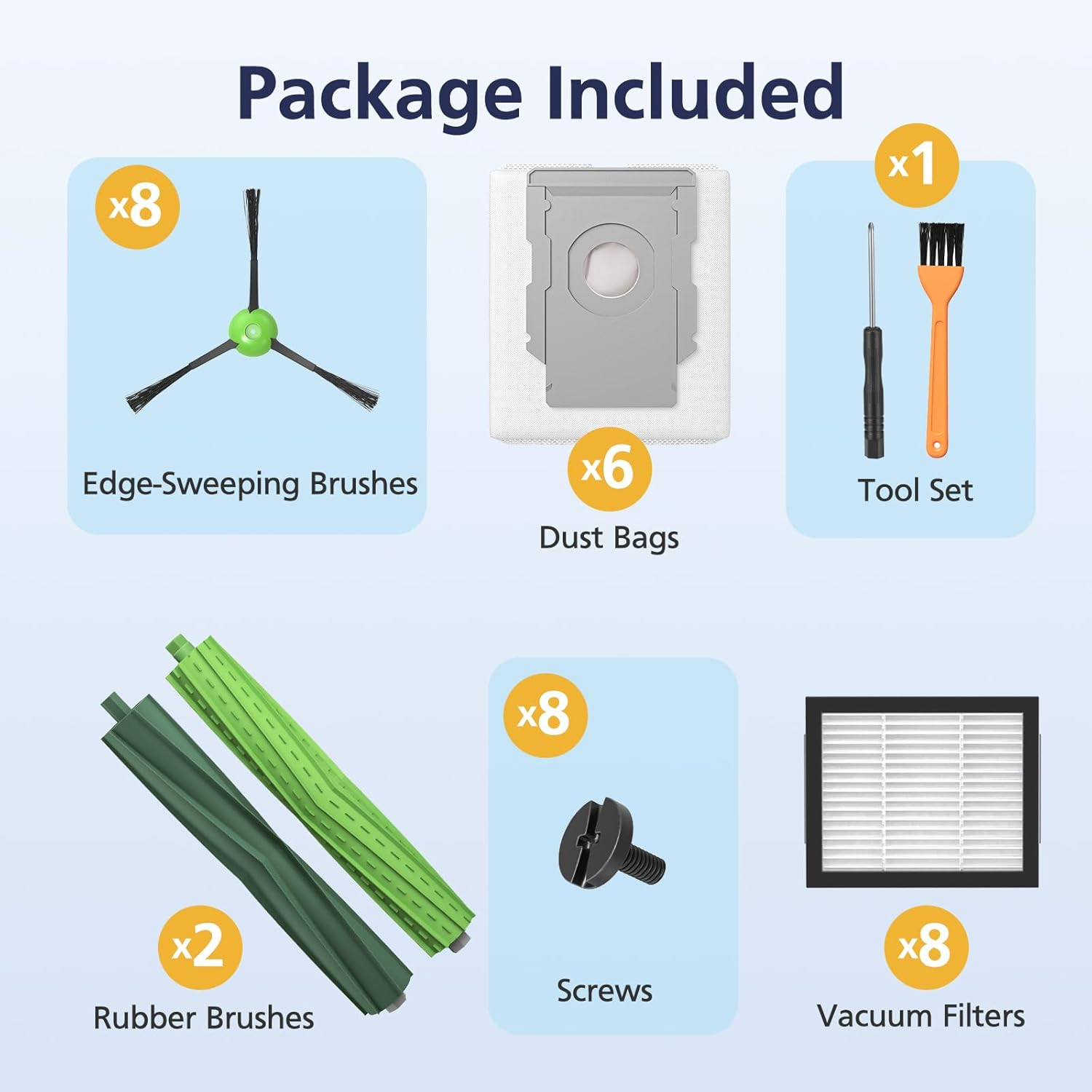 Replacement Parts for Irobot Roomba J7(7150) J7+ (7550) I3 I3+ I4 I6 I6+(6550) I7(7150) I7+(7550) I8 I8+ Robot Vacuum, 2 Sets Roller Brushes,8 HEPA Filters,8 Side Brushes,6 Dust Bags,4 Screws image number 1