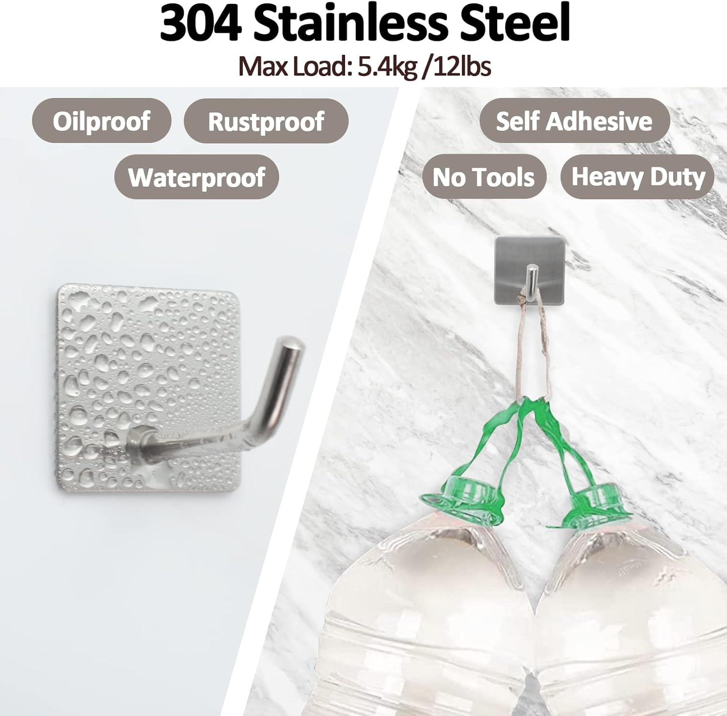 LIOUCBD 4PCS Adhesive Sticky Wall Hooks Heavy Duty, Long Stainless Steel Towel Hooks for Hanging Kitchen Bathroom Home, Waterproof Hook Wall Hanger Holder for Key Hat Coat Bag (White) image number 4