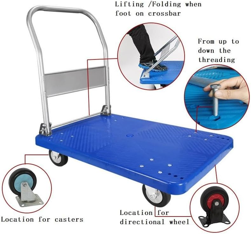 Flatbed Cart, 90X60X86Cm, 300Kg Heavy Duty Capacity Platform Hand Truck 360 Degree Swivel Wheels Foldable Push Hand Cart for Loading and Storage