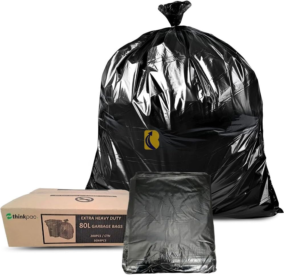 Garbage Bags 80L Carton of 200 - Black Rubbish Bin Liners 95Cm X 78Cm - 32 Um Industrial-Grade Thickness - Waste Bags for Offices, Commercial Spaces, Household & Cleaning