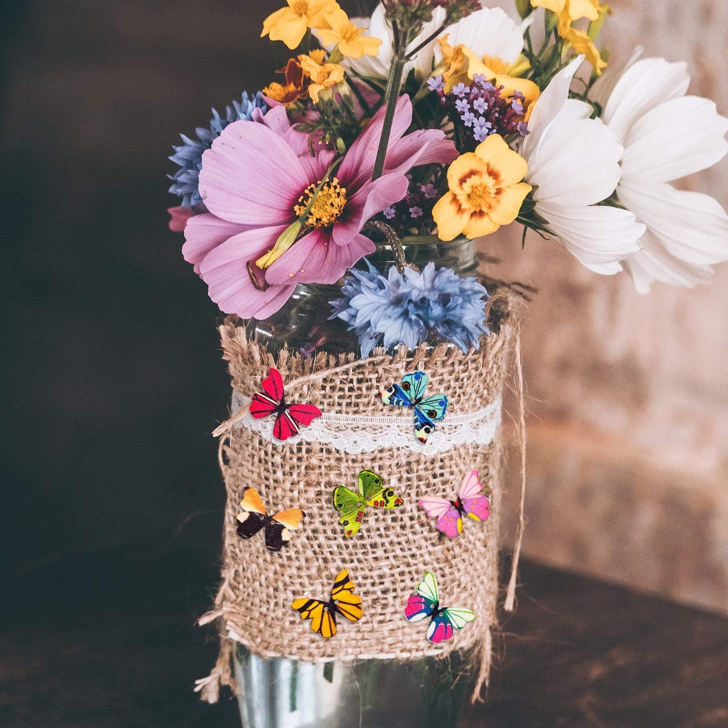 Wooden Butterfly Buttons for Crafts, 200Pcs DIY Vintage Wood Butterfly Cute Insect Buttons for Sewing 1 Inch Colorful 2 Holes Small Cartoon Decorative Buttons for Crafts Clothes Accessories image number 3