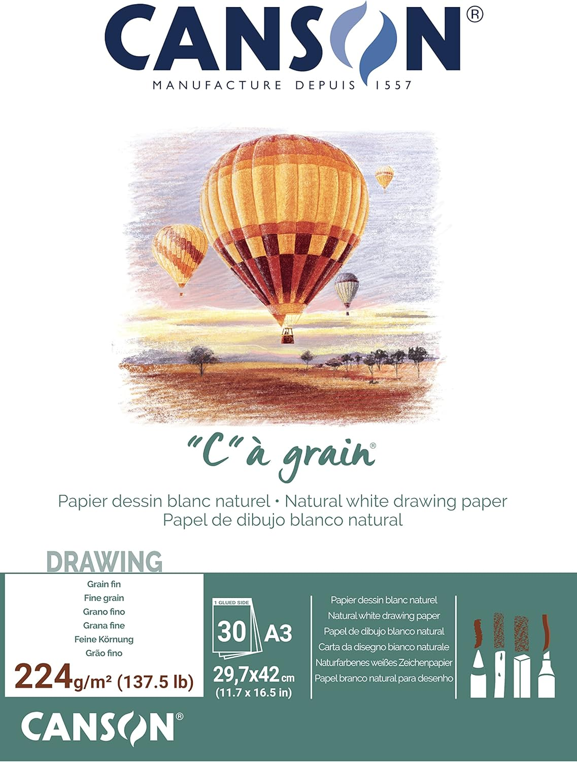 Canson C &Agrave; Grain A5 224G White Drawing & Sketching Paper Pad, 30 Sheets, Fine Grain Texture, Glued on Short Side, Ideal for Professional Artists
