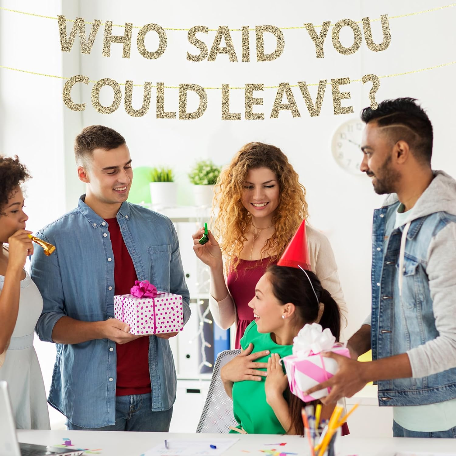 WHO SAID YOU COULD LEAVE Banner Funny Retirement Banner Retirement Party Decorations Farewell Banner Supplies for Leaving Work Colleague (Gold)