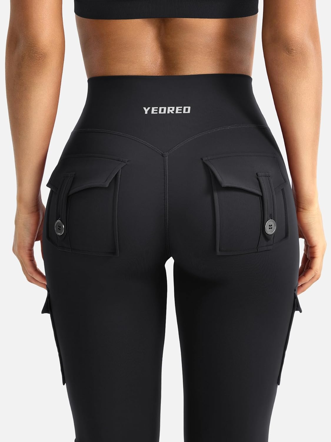 YEOREO Women Workout Flare Leggings with Pockets Hidden Scrunch High Waisted Cargo Gym Yoga Leggings Black image number 1