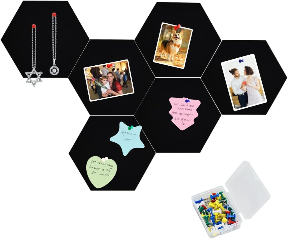 Vuzvuv 6 Pcs Hexagon Bulletin Board with 50 Pushpins & Sticky Note Adhesive Cork Board for Wall，Felt Pin Board for School，Office Decor（Black）
