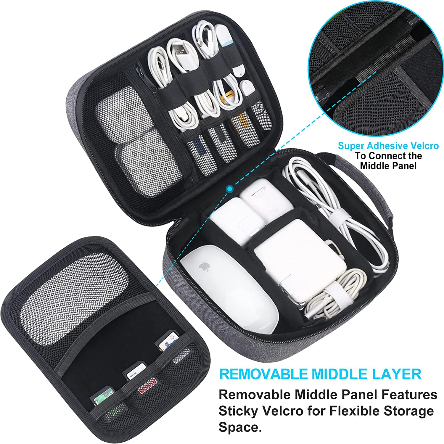 Lacdo Electronic Organizer, Travel Cable Organizer Bag Pouch Tech Electronics Accessories Carry Case Portable Storage Bag Charger Case for Cable, Cords, Charger, Phone, Hard Drive, Power Bank, Gray image number 1