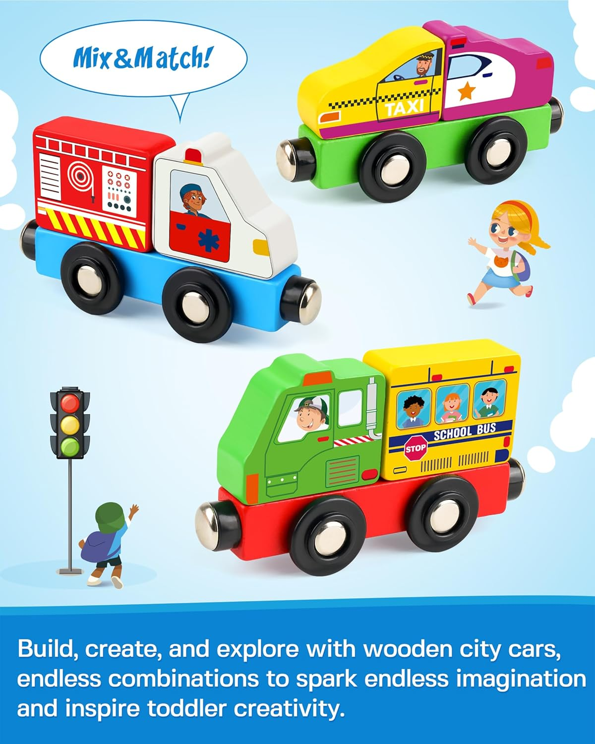Vanmor Wooden Car Vehicle Set, 8 PCS Magnetic City-Themed Train for Toddlers, Montessori Fine Motor Skills Educational Toy for Kids Aged 3 for Imaginative Play and Development image number 2