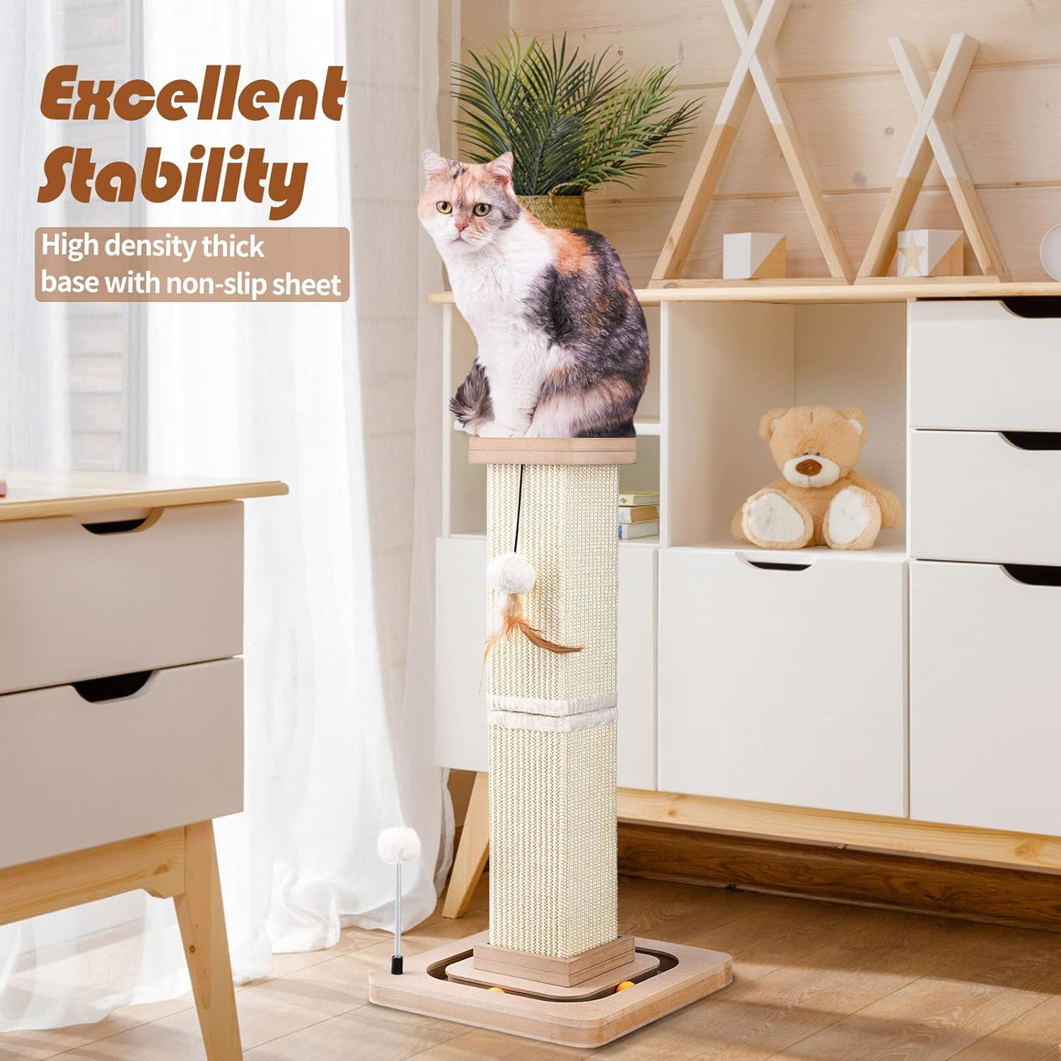 LIFLIX 27" Cat Scratching Post, Sisal Cat Scratcher with Interactive Tracking Balls and Hanging Balls, Vertical Scratching Posts for Indoor Cats and Kittens image number 6