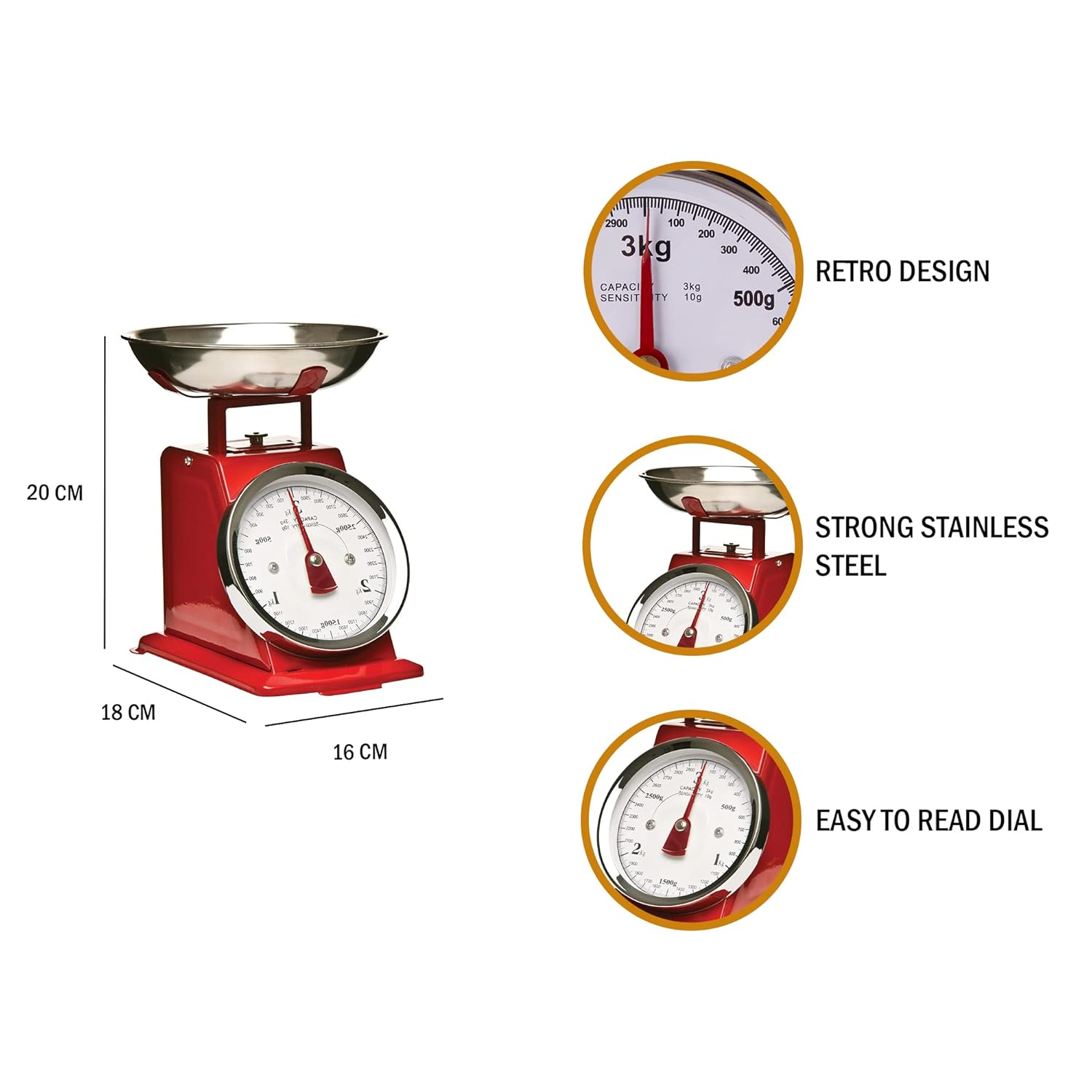 Premier Housewares 3KG Retro Kitchen Scale Weighing Scales Cooking Stainless Steel Kitchen Scales with Bowl Baking Scales Food Scales for Weighing, Red