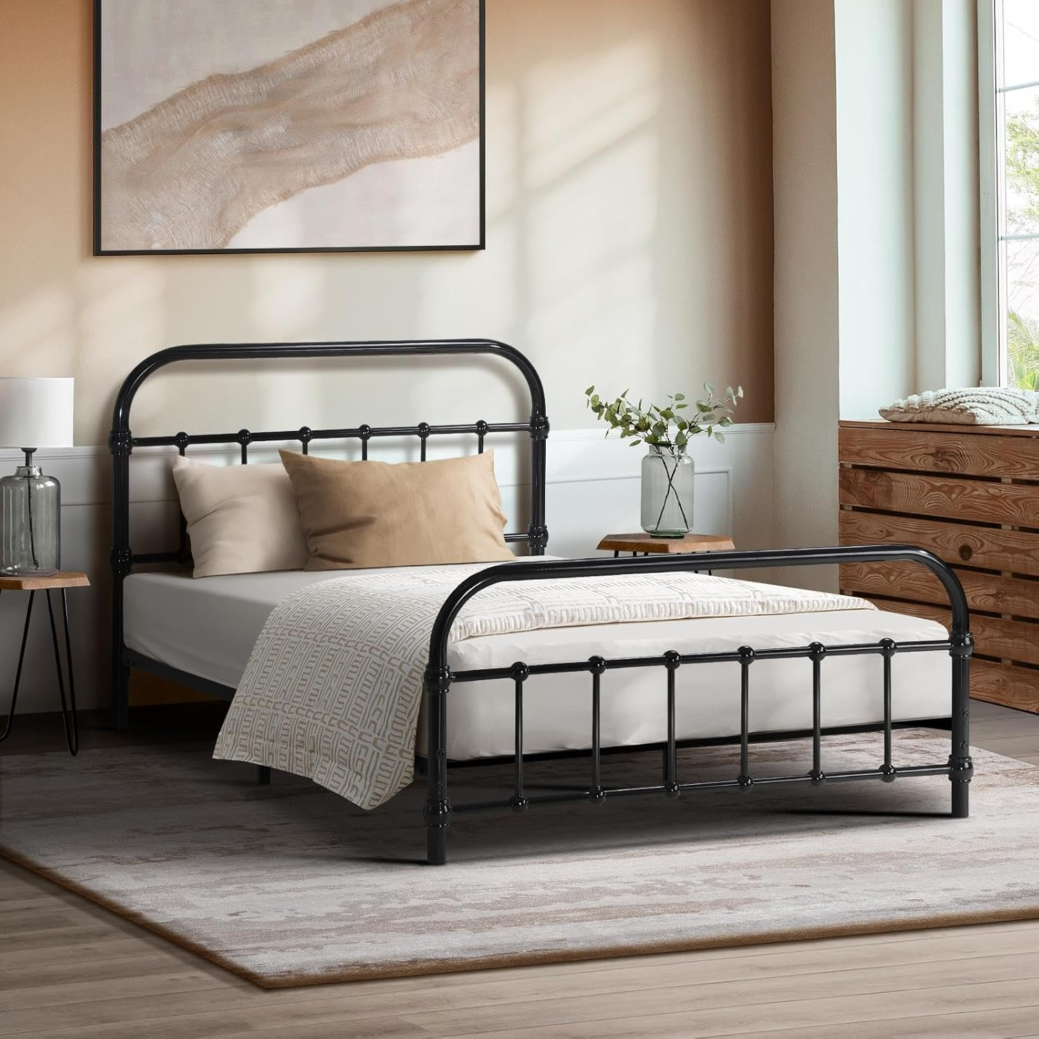 Oikiture Double Bed Frame Metal Bed with Extra Storage Space Home Bedroom Bed Base Plaform