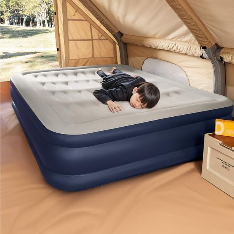 Air Mattress Full with Built in Pump, Luxury Queen Upgraded Comfort Inflatable Mattress with Storage Bag for Guest Home Camping, Foldable Blow up Mattress (Blue Grey, Single)