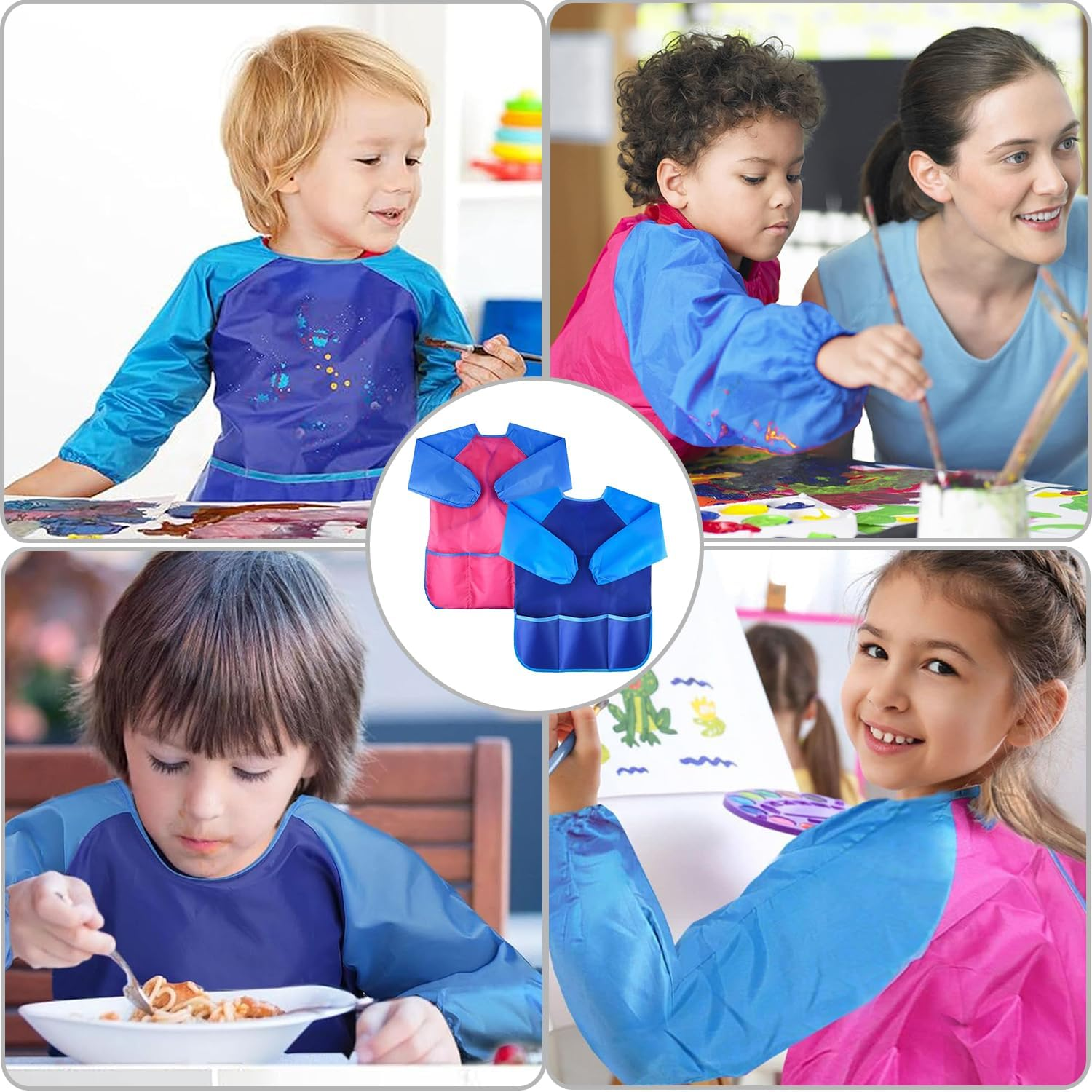 WADY Kids Painting Apron, Waterproof Art Smocks for Child 5-8 Years, Child Height 120Cm, Children Artist Apron with Long Sleeve and 3 Pockets, Baking/Cooking/Painting/Art Craft Aprons image number 1