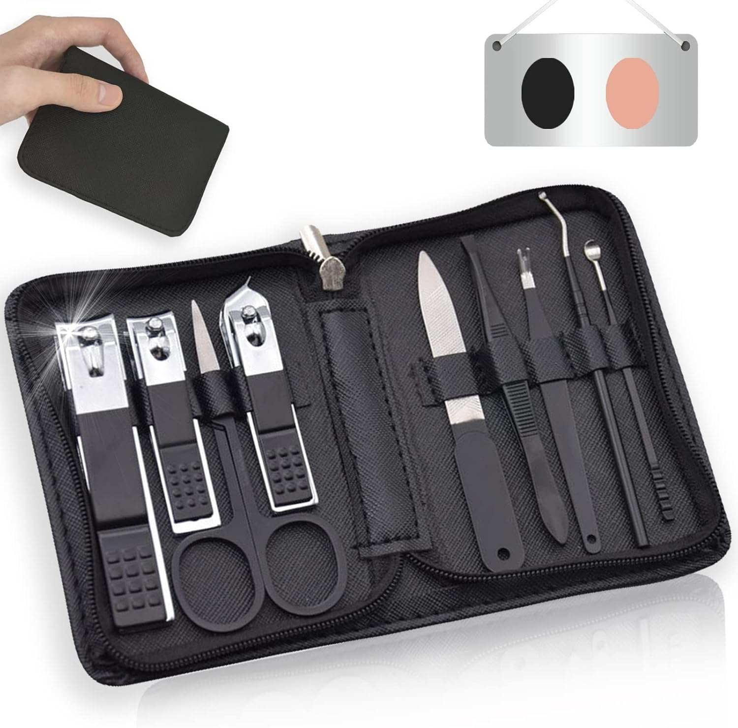 Nail Clippers Manicure Set | 9 in 1 Stainless Steel Professional Nail Care & Pedicure Kit with Zip | Nail Scissors Grooming Kit for Men Women Travel & Home Use Tools （Black）