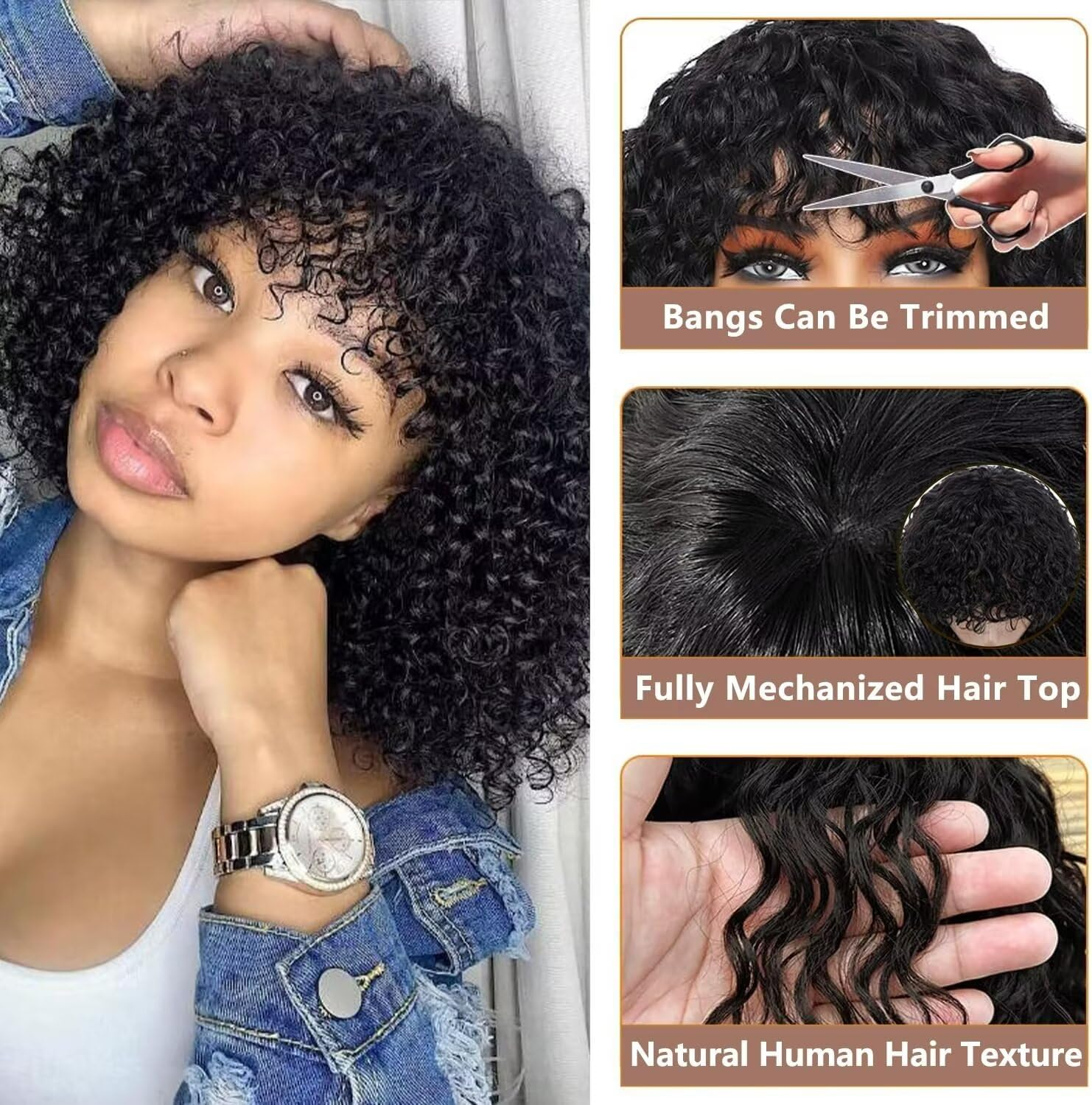 Real Hair Wig, 12 Inches, Short Kinky Curly Human Hair Wigs for Women, Bob Curly Wigs, Curly 180% Density, Human Hair Wig with Fringe Wigs, Brazilian Human Hair image number 6
