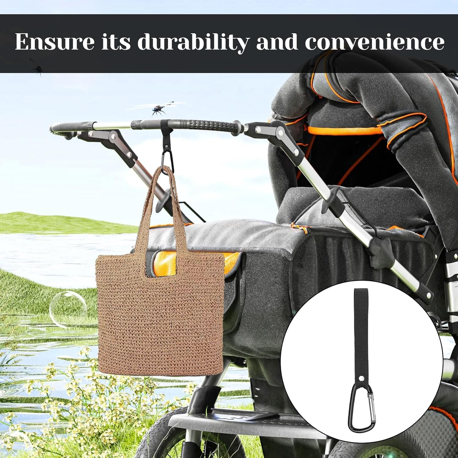 Pram Hooks, 4 PCS Pram Accessories, Baby Stroller Hook, 2 Leather Stroller Hooks + 2 Normal Loop - Hanging Straps, Multipurpose Hooks Pram Clips with Sturdy Carabiner and Strong Magic image number 5