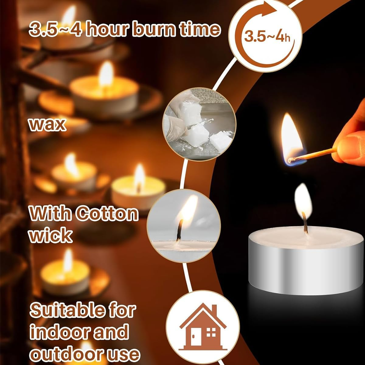 50 Pack Tealight Candles - Tea Lights Candles Unscented Tea Tree Lights Mini Votive, 4 Hours Long Burning White Tea Lights for Wedding, Table Centerpiece, Party, Power Outages image number 4