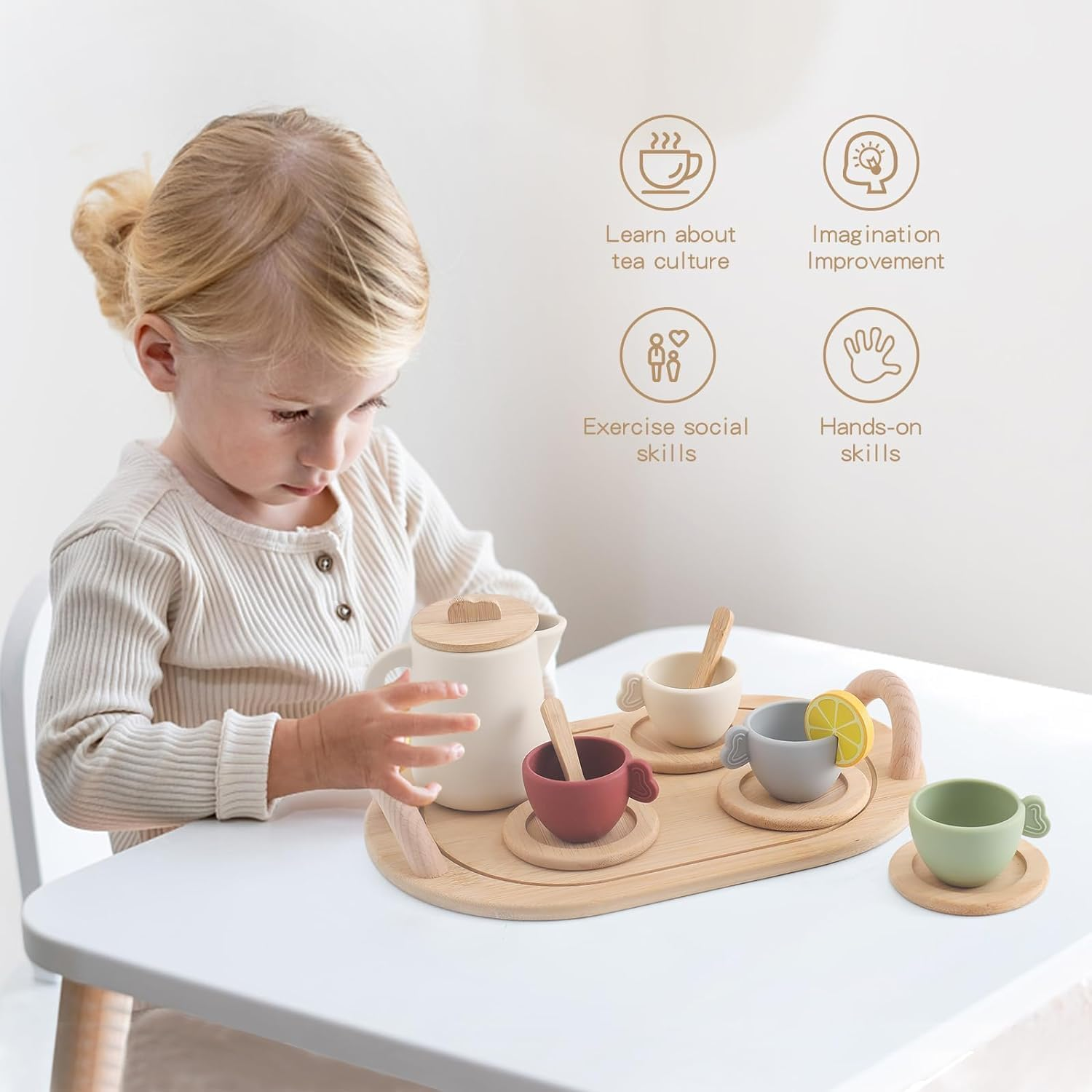 IEATFO Tea Party Set for Kids 14Pcs Toddler Tea Set with Silicone Teapot Cups Carrying Tray Scoop Kids Kitchen Accessories Pretend Play Wooden Toys for 3 4 5 6 Year Old Girl Christmas Birthday Gift image number 4