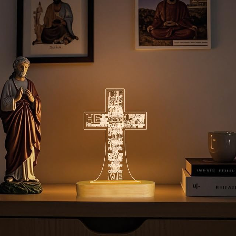 Jesus Cross 3D Night Light Desk Table Lamps,Warm Colors LED Wooden Lighting for Holiday Gifts