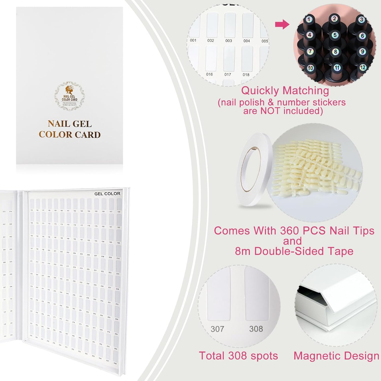 308 Nail Color Chart Display, UV Gel Polish Book Nail Painting Practice Design Board, Fake Tips Nails Sample Display Nail Art for Nail Salons, DIY Nail Art at Home image number 2